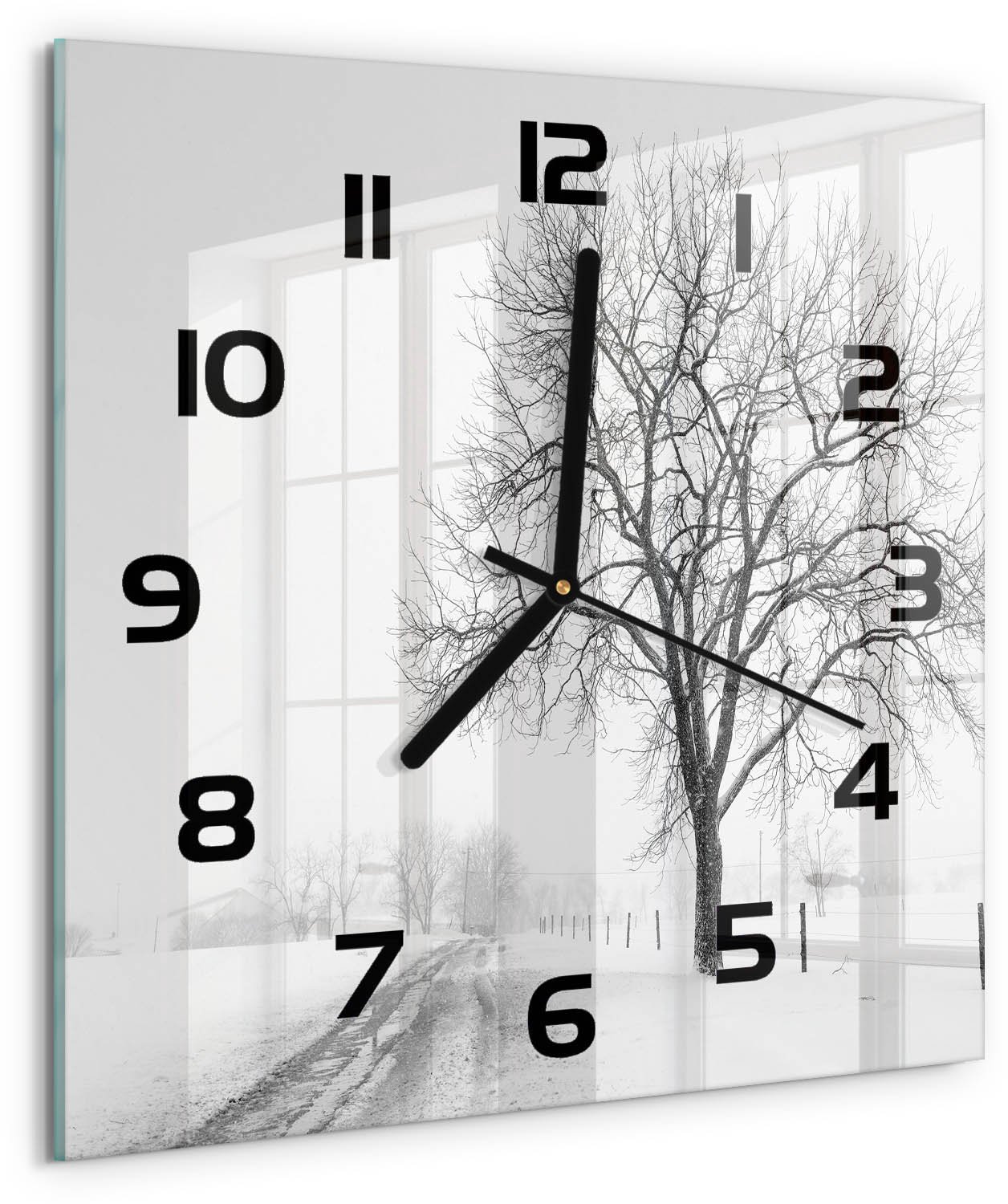 TULUP Wandklok - Winterboom Klok Glas Met Opdruk - 30x30 cm - Wit Moderne Wandklok Glas - Zwarte handen - Vierkante Klok - Decoratieve Glazen Klok - Glazen Wandklok Design