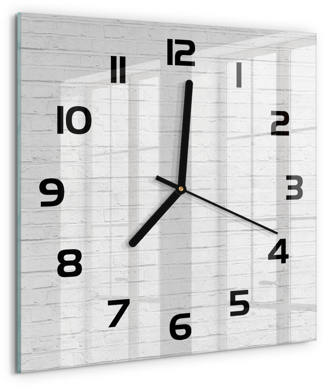 Tulup Wandklok - Bakstenen muur Decoratieve Glazen Klok - 30x30 cm - Wit Glazen Wandklok Design - Zwarte handen - Vierkante Klok - Glazen Klok Met Print - Wandklok Glas Met Motief