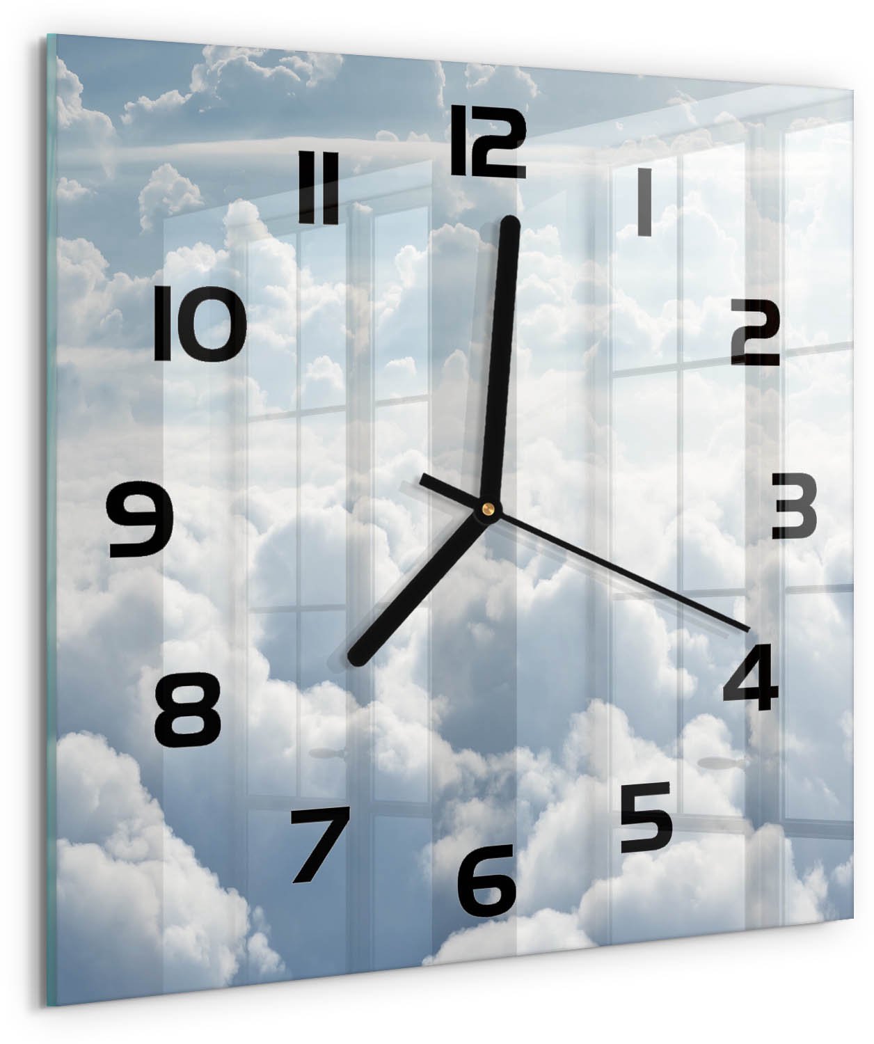 TULUP Wandklok - Wolken gezien vanuit vogelperspectief Wandklok Glas Met Motief - 30x30 cm - Wit Decoratieve Glazen Klok - Zwarte handen - Vierkante Klok - Gekleurde Glazen Klok - Glazen Klok Met Print