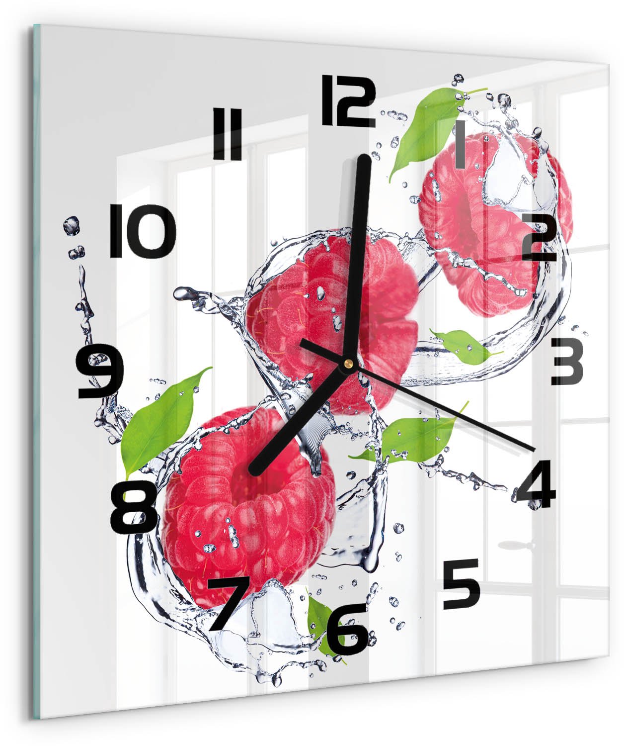 Tulup Wandklok - Framboos en water Klok Glas Met Opdruk - 30x30 cm - Roze Moderne Wandklok Glas - Zwarte handen - Vierkante Klok - Decoratieve Glazen Klok - Glazen Wandklok Design