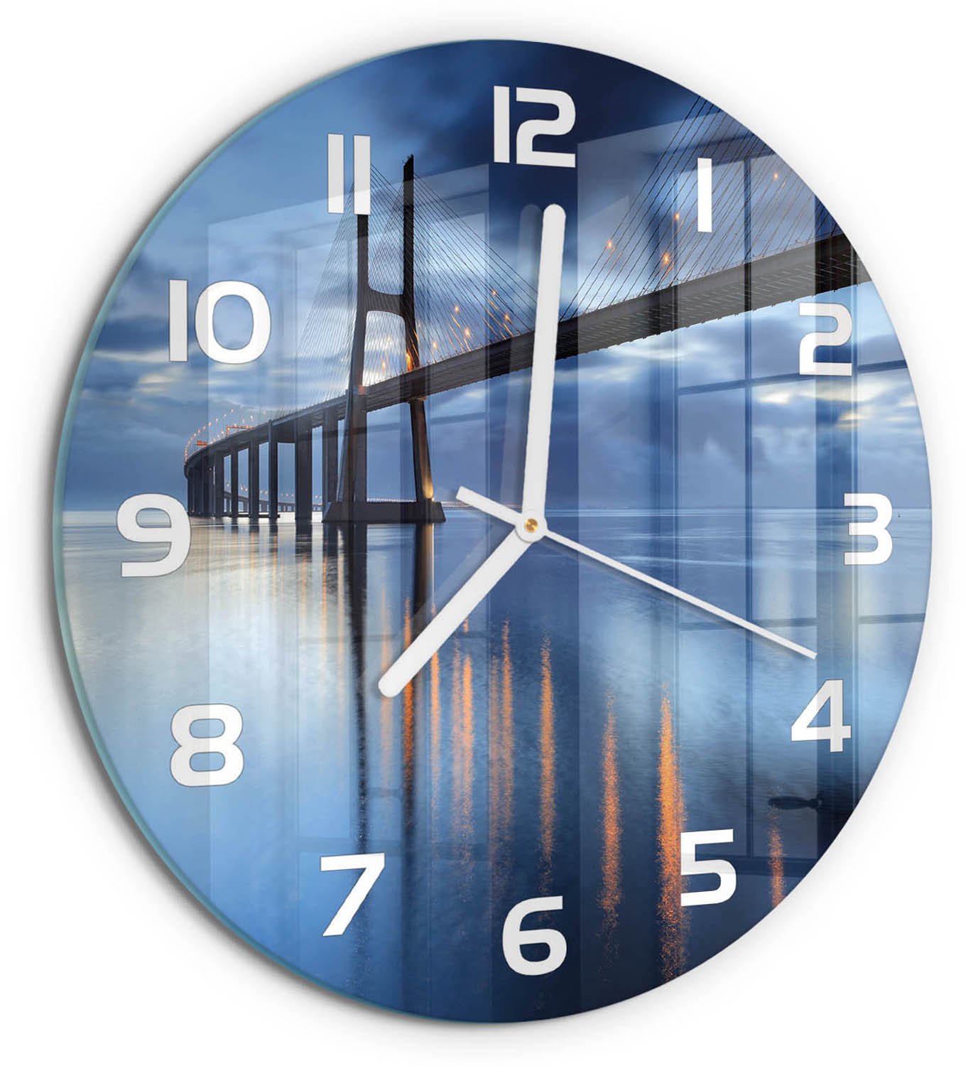 TULUP Wandklok - Verlichte Brug Moderne Wandklok Glas - fi30 cm - Blauw Wandklok Glas Decoratie - Witte handen - Ronde Klok - Glazen Wandklok Design - Klok Glas Met Opdruk