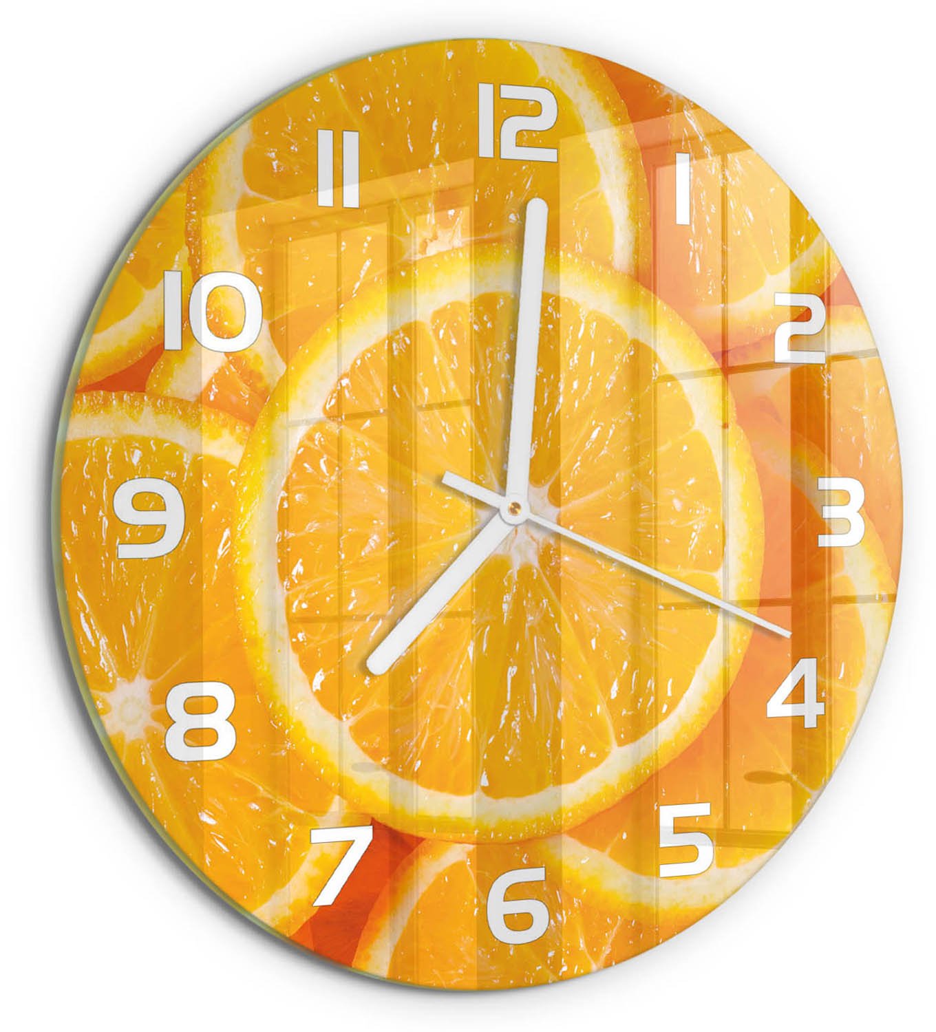 TULUP Wandklok - Sinaasappelschijfjes Wandklok Glas Decoratie - fi30 cm - Oranje Gekleurde Glazen Klok - Witte handen - Ronde Klok - Klok Glas Met Opdruk - Moderne Wandklok Glas