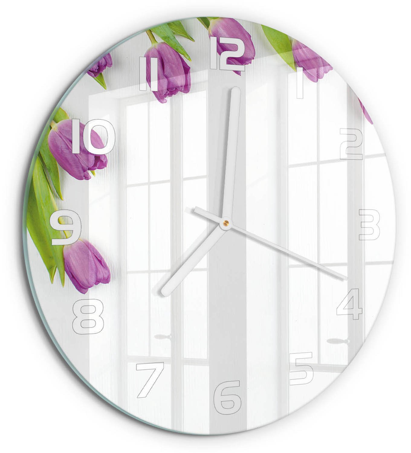TULUP Wandklok - Paarse tulpen Decoratieve Glazen Klok - fi30 cm - Paars Glazen Wandklok Design - Witte handen - Ronde Klok - Glazen Klok Met Print - Wandklok Glas Met Motief