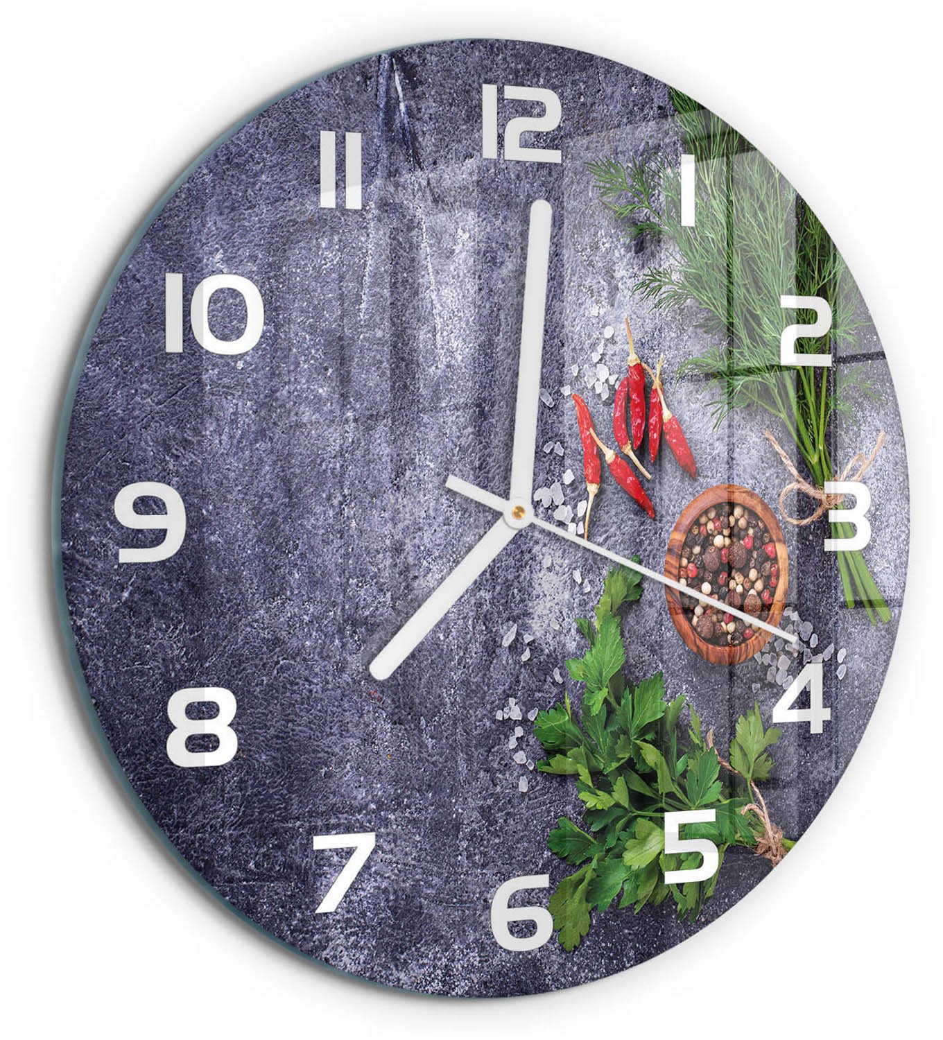 TULUP Wandklok - Kruiden en specerijen Moderne Wandklok Glas - fi30 cm - Groente Wandklok Glas Decoratie - Witte handen - Ronde Klok - Glazen Wandklok Design - Klok Glas Met Opdruk