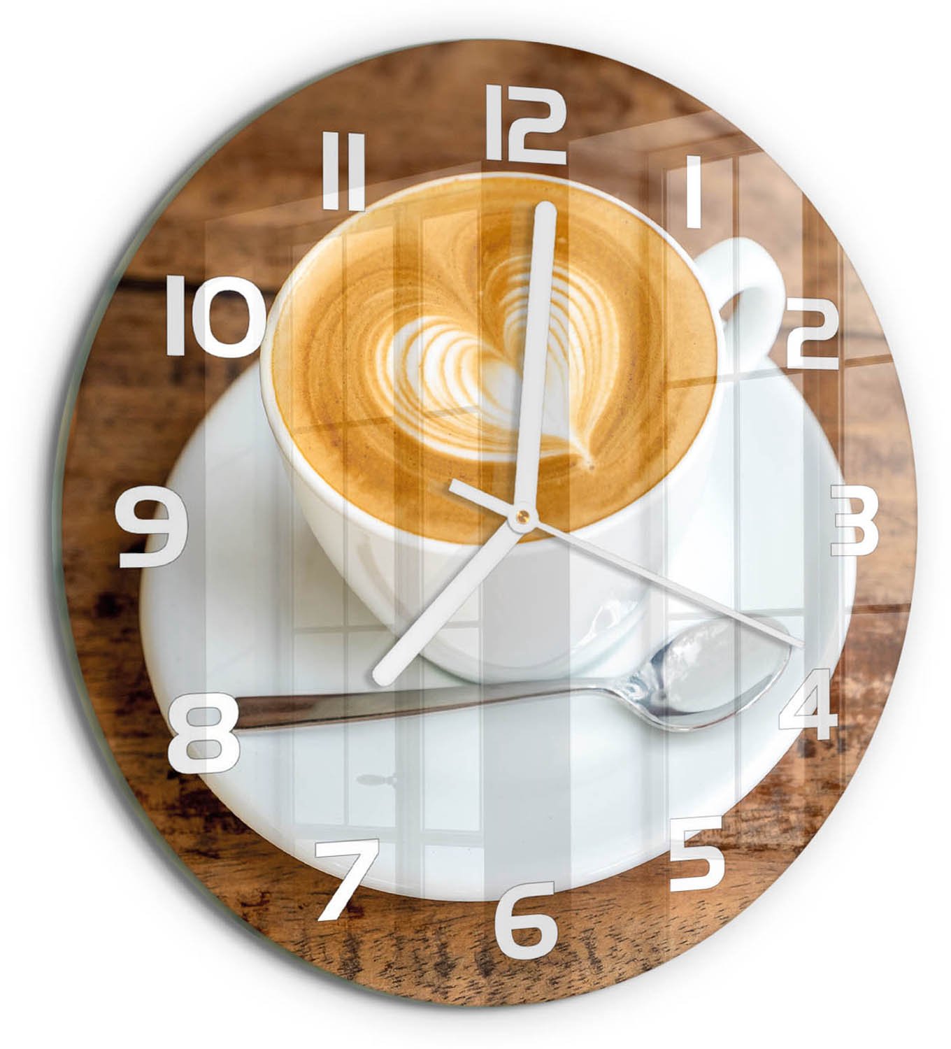 TULUP Wandklok - Koffie in een kopje Glazen Wandklok Design - fi30 cm - Bruin Klok Glas Met Opdruk - Witte handen - Ronde Klok - Wandklok Glas Met Motief - Decoratieve Glazen Klok