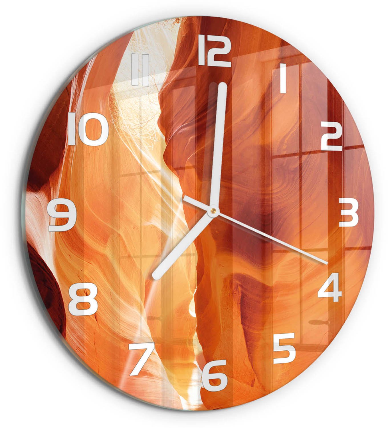 TULUP Wandklok - Canyon Klok Glas Met Opdruk - fi30 cm - Oranje Moderne Wandklok Glas - Witte handen - Ronde Klok - Decoratieve Glazen Klok - Glazen Wandklok Design