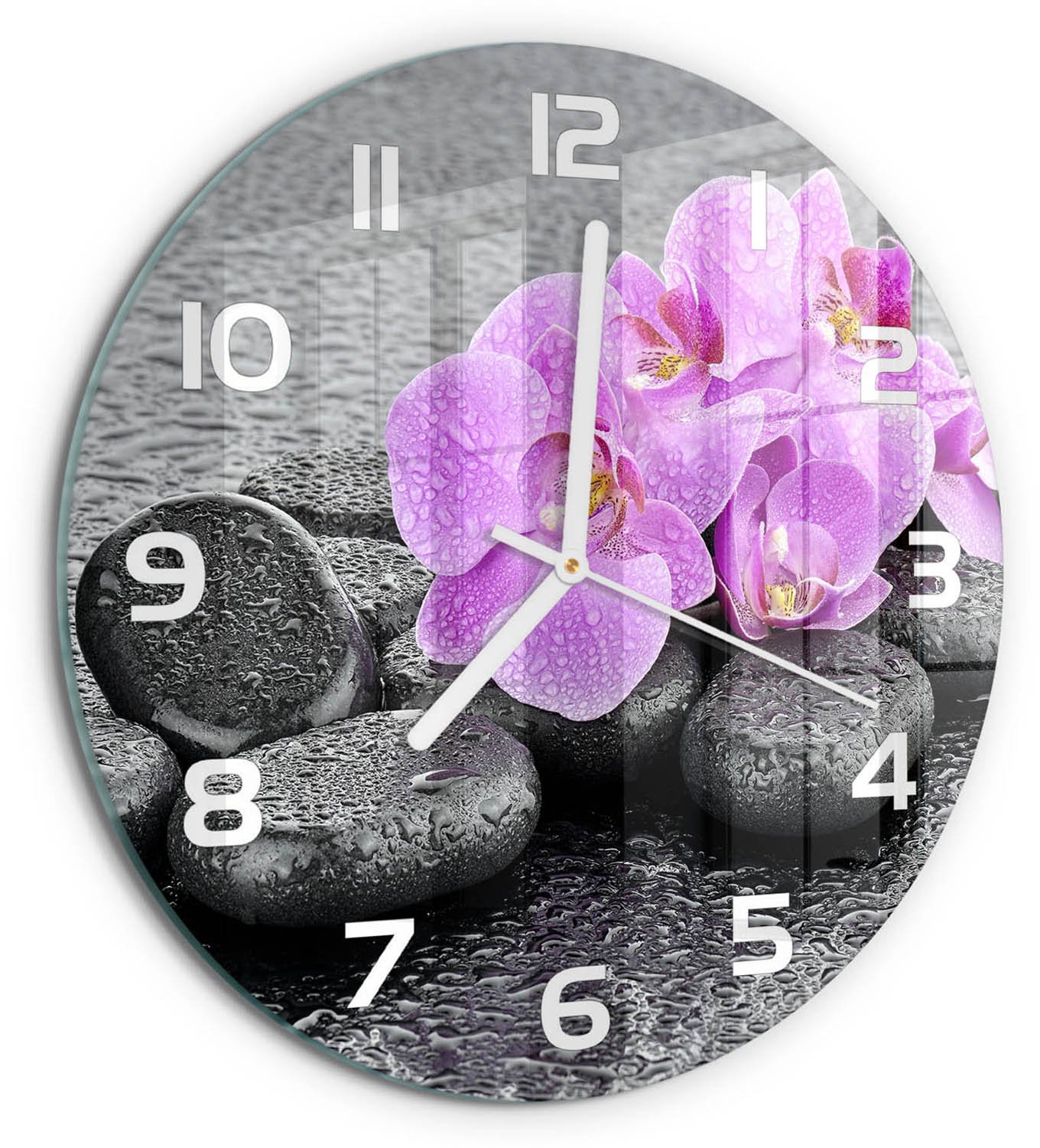 TULUP Wandklok - Orchideeënstenen Klok Glas Met Opdruk - fi30 cm - Roze Moderne Wandklok Glas - Witte handen - Ronde Klok - Decoratieve Glazen Klok - Glazen Wandklok Design