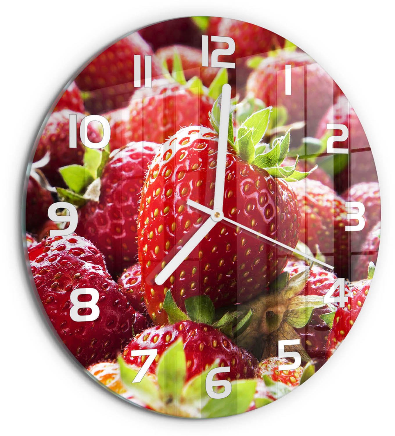 TULUP Wandklok - Aardbeien Glazen Wandklok Design - fi30 cm - Rood Klok Glas Met Opdruk - Witte handen - Ronde Klok - Wandklok Glas Met Motief - Decoratieve Glazen Klok