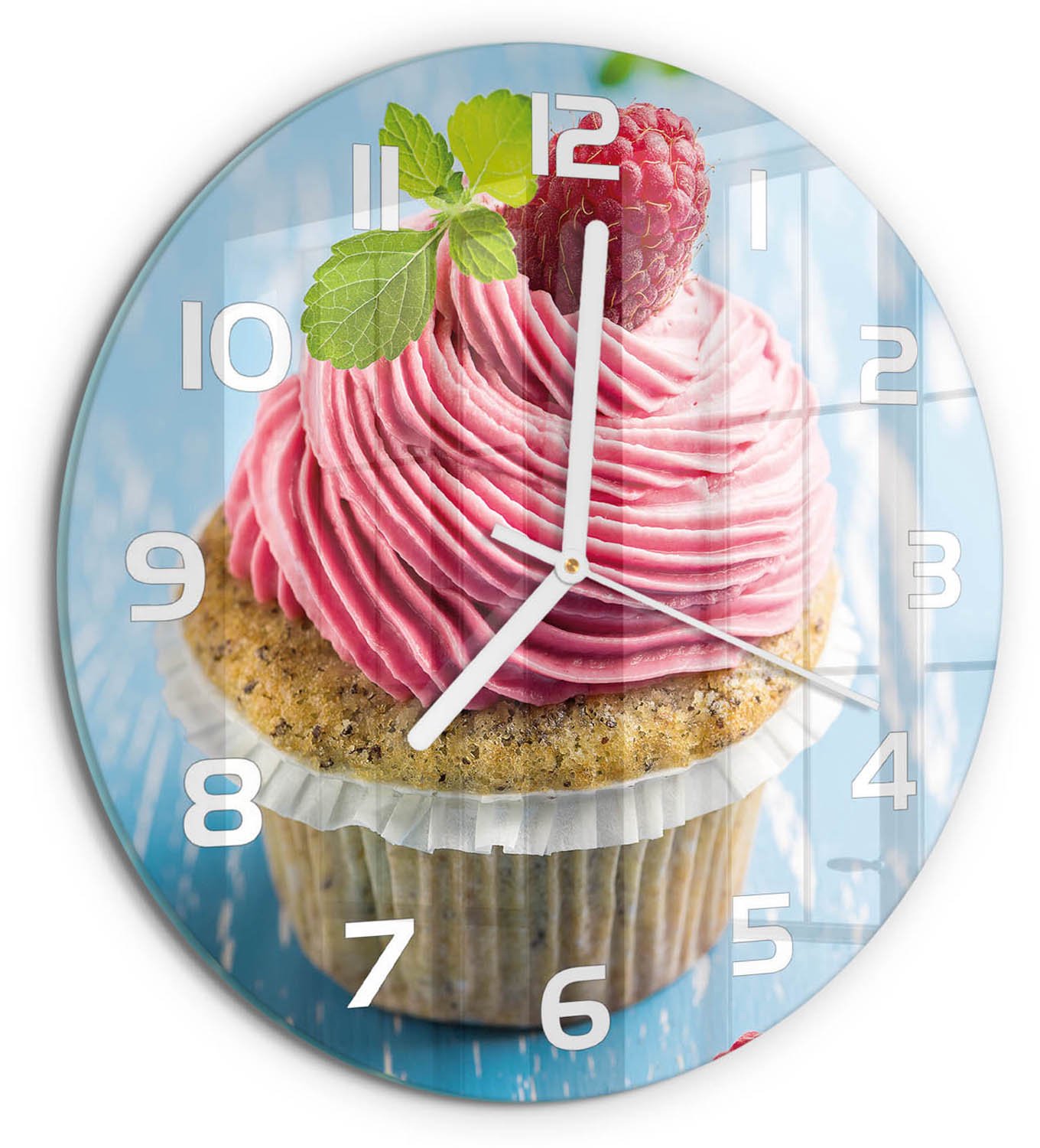 TULUP Wandklok - Frambozenmuffin Decoratieve Glazen Klok - fi30 cm - Rood Glazen Wandklok Design - Witte handen - Ronde Klok - Glazen Klok Met Print - Wandklok Glas Met Motief