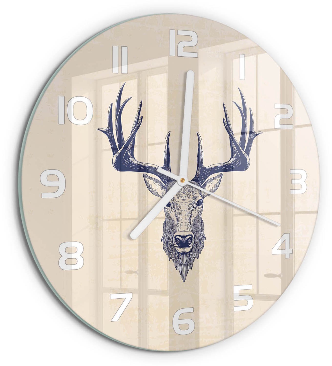TULUP Wandklok - Hert Hert Glazen Klok Met Print - fi30 cm - Beige Wandklok Glas Met Motief - Witte handen - Ronde Klok - Wandklok Glas Decoratie - Gekleurde Glazen Klok