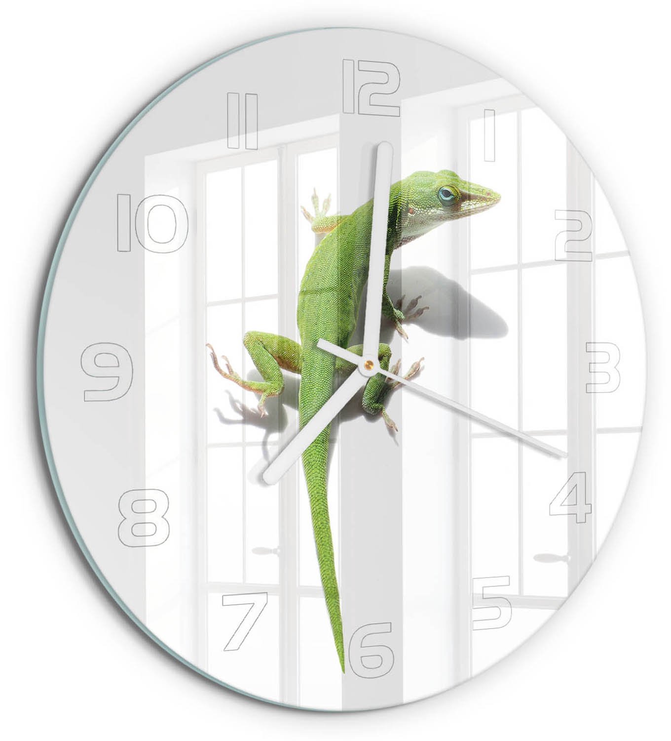 TULUP Wandklok - Groene hagedis Klok Glas Met Opdruk - fi30 cm - Groente Moderne Wandklok Glas - Witte handen - Ronde Klok - Decoratieve Glazen Klok - Glazen Wandklok Design
