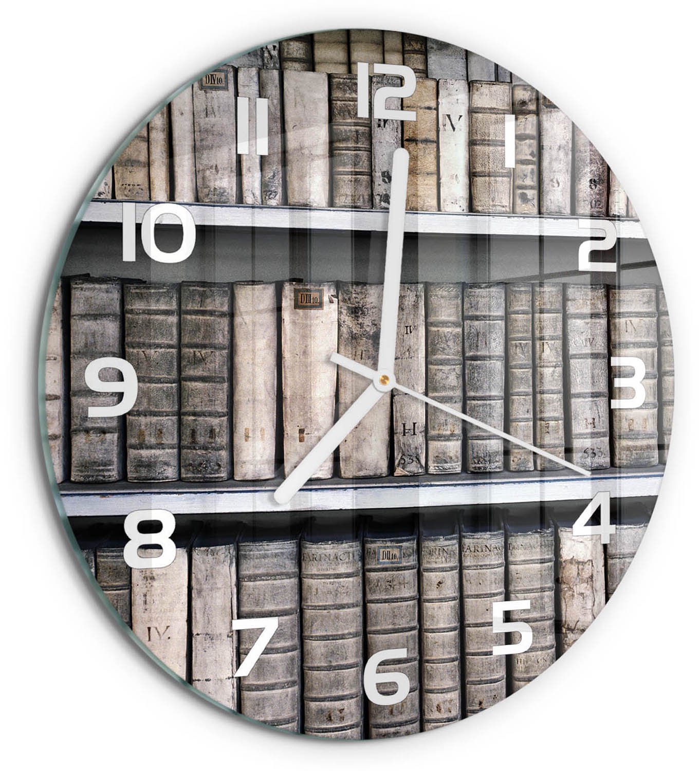 TULUP Wandklok - Boekenplank Wandklok Glas Decoratie - fi30 cm - Beige Gekleurde Glazen Klok - Witte handen - Ronde Klok - Klok Glas Met Opdruk - Moderne Wandklok Glas