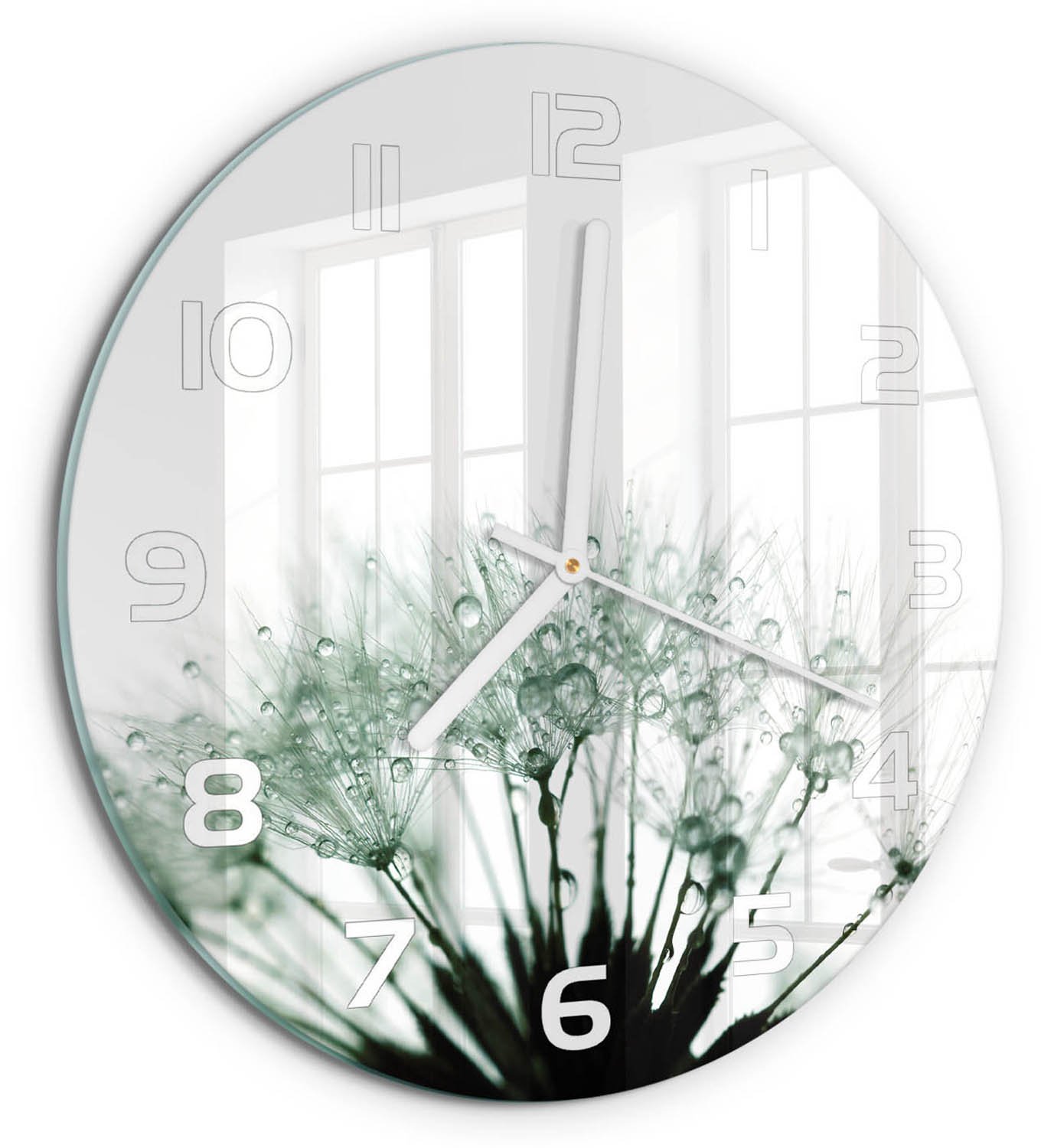 TULUP Wandklok - Paardenbloemzaden Wandklok Glas Met Motief - fi30 cm - Wit Decoratieve Glazen Klok - Witte handen - Ronde Klok - Gekleurde Glazen Klok - Glazen Klok Met Print