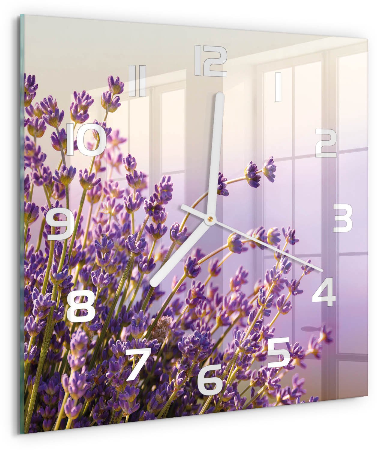Tulup Wandklok - Lavendel Gekleurde Glazen Klok - 30x30 cm - Paars Glazen Klok Met Print - Witte handen - Vierkante Klok - Moderne Wandklok Glas - Wandklok Glas Decoratie