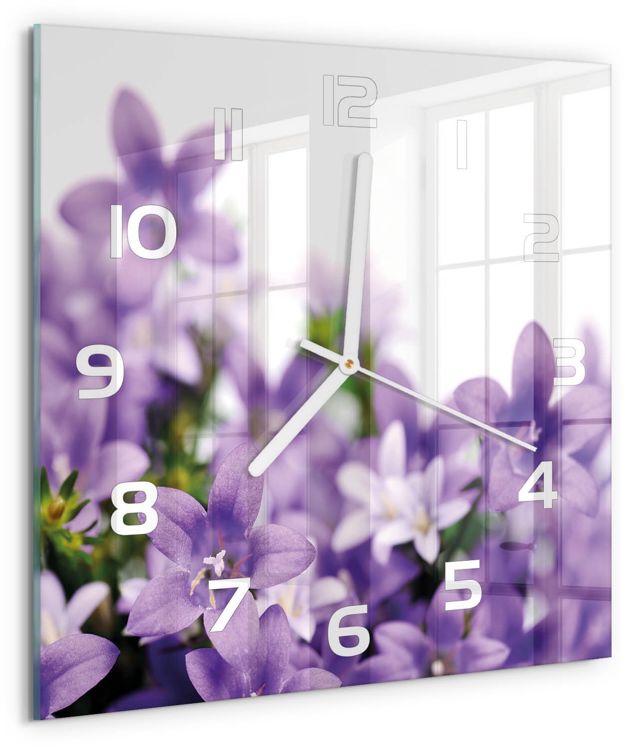 Tulup Wandklok - Paarse klokjes Glazen Klok Met Print - 30x30 cm - Paars Wandklok Glas Met Motief - Witte handen - Vierkante Klok - Wandklok Glas Decoratie - Gekleurde Glazen Klok