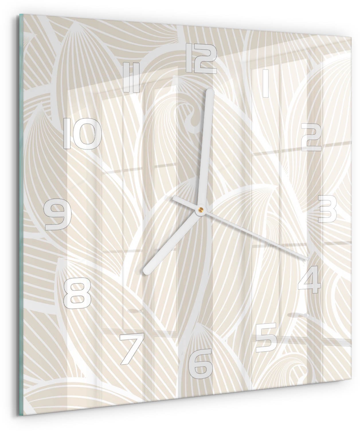 Tulup Wandklok - Bladpatroon Glazen Wandklok Design - 30x30 cm - Beige Klok Glas Met Opdruk - Witte handen - Vierkante Klok - Wandklok Glas Met Motief - Decoratieve Glazen Klok