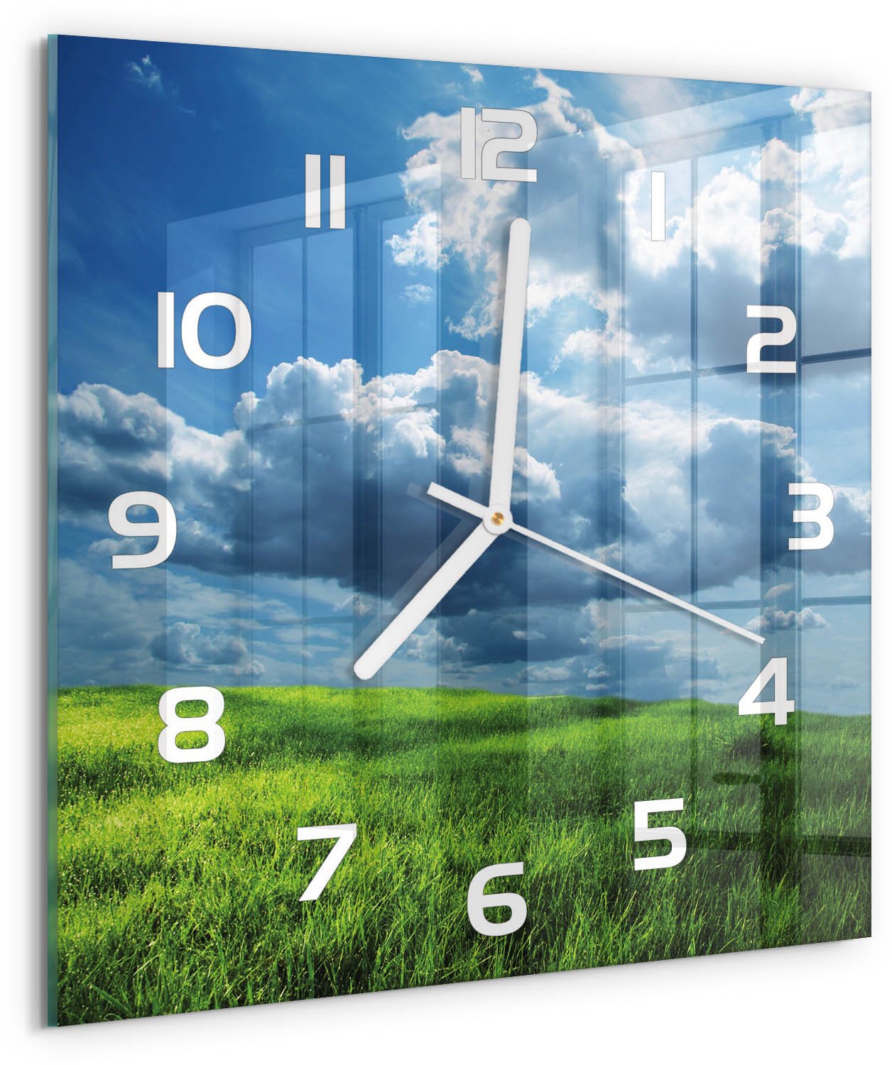 Tulup Wandklok - Wolken boven het veld Gekleurde Glazen Klok - 30x30 cm - Groente Glazen Klok Met Print - Witte handen - Vierkante Klok - Moderne Wandklok Glas - Wandklok Glas Decoratie