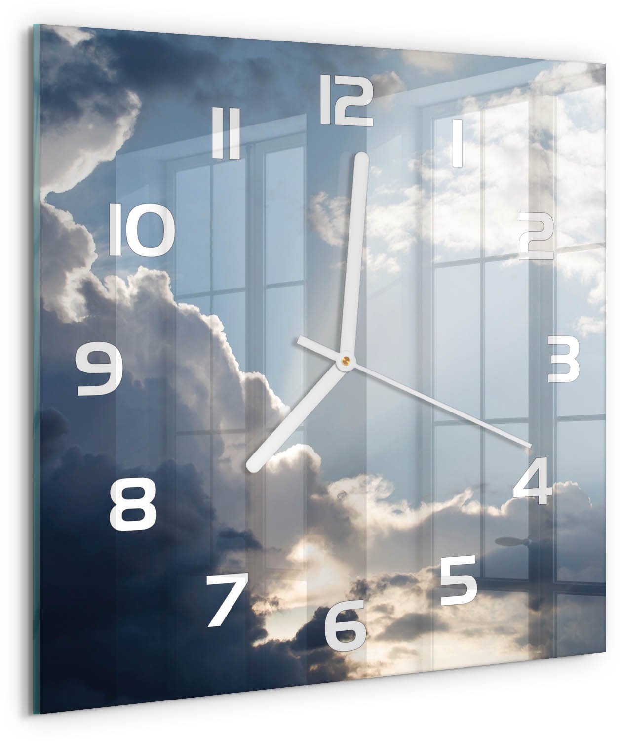 Tulup Wandklok - Wolken aan de hemel Glazen Klok Met Print - 30x30 cm - Blauw Wandklok Glas Met Motief - Witte handen - Vierkante Klok - Wandklok Glas Decoratie - Gekleurde Glazen Klok
