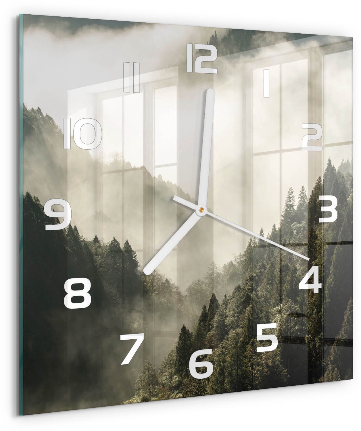 Tulup Wandklok - Mist boven het bos Wandklok Glas Met Motief - 30x30 cm - Zwart-wit Decoratieve Glazen Klok - Witte handen - Vierkante Klok - Gekleurde Glazen Klok - Glazen Klok Met Print