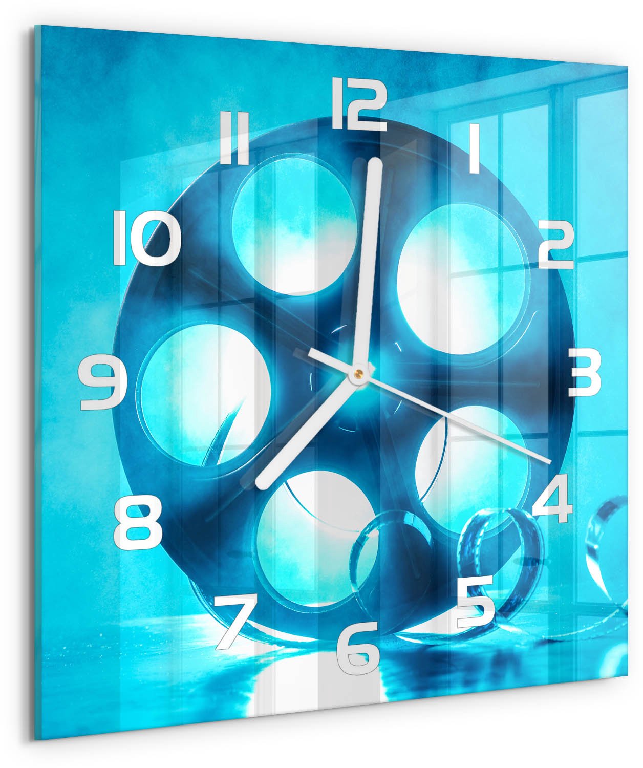 Tulup Wandklok - Filmrol Wandklok Glas Met Motief - 30x30 cm - Blauw Decoratieve Glazen Klok - Witte handen - Vierkante Klok - Gekleurde Glazen Klok - Glazen Klok Met Print