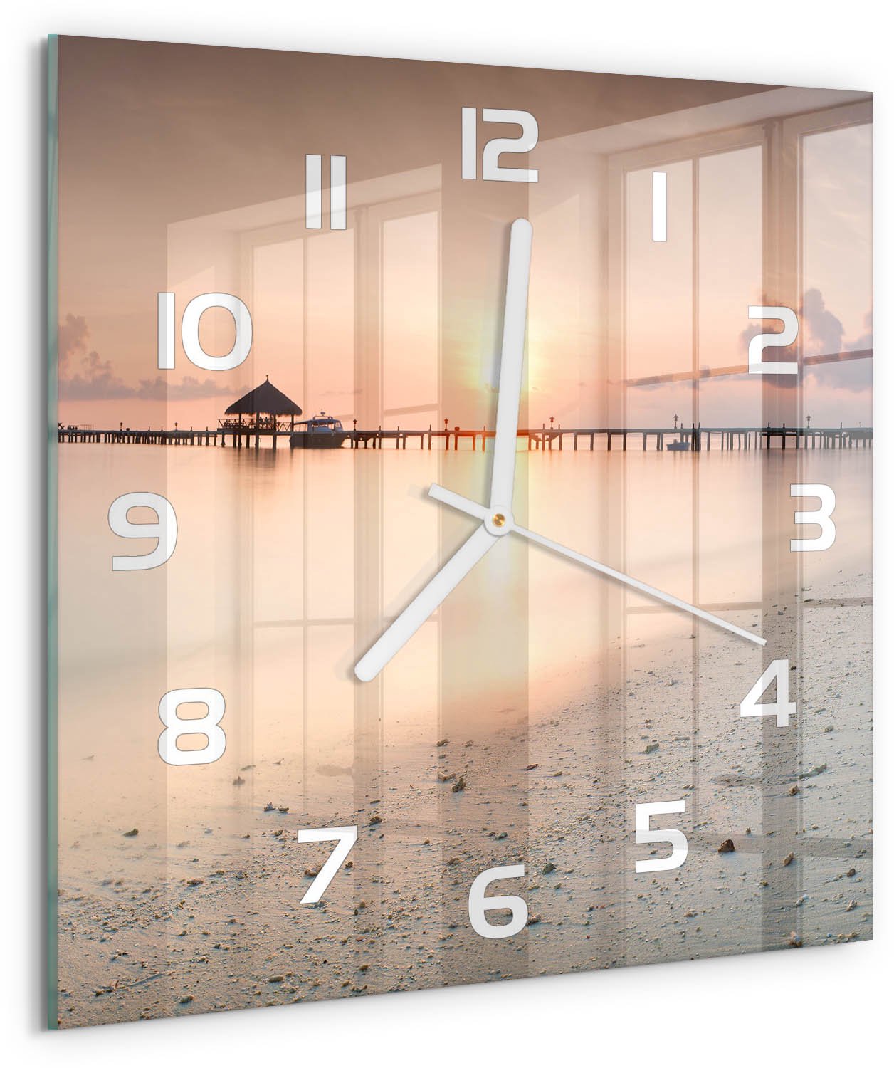 Tulup Wandklok - Strand van de Malediven Glazen Klok Met Print - 30x30 cm - Veelkleurig Wandklok Glas Met Motief - Witte handen - Vierkante Klok - Wandklok Glas Decoratie - Gekleurde Glazen Klok