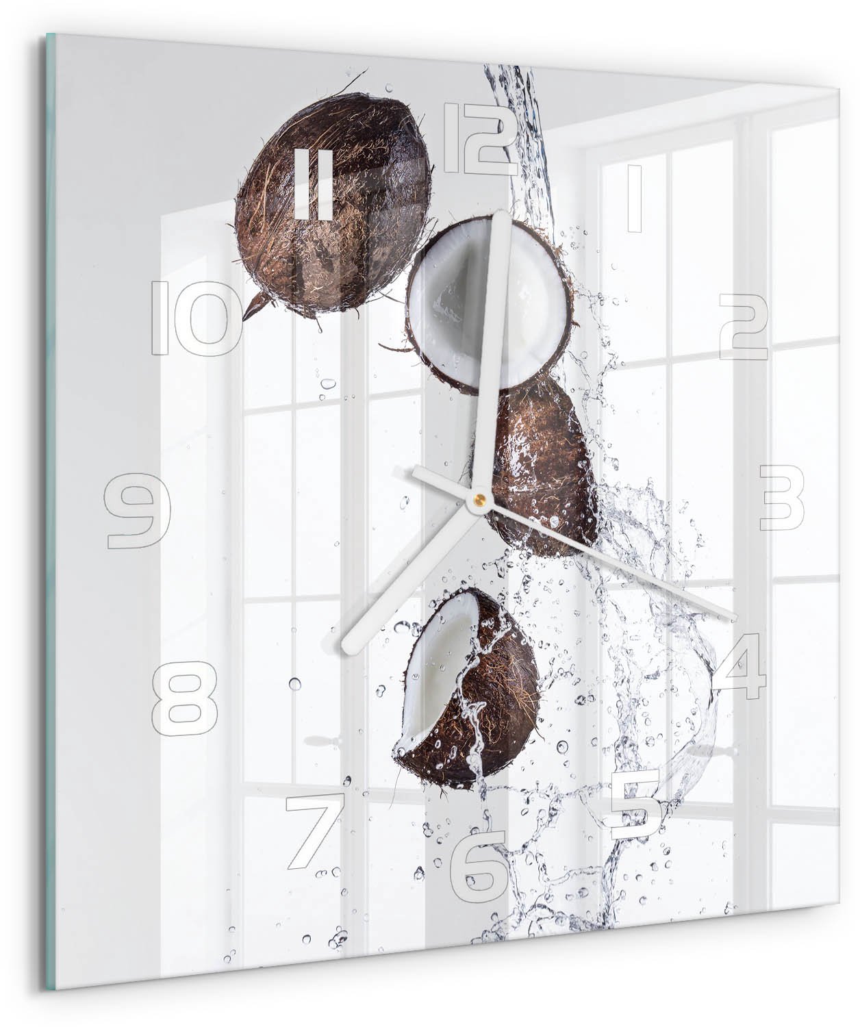 Tulup Wandklok - Kokosnoot met water Wandklok Glas Decoratie - 30x30 cm - Bruin Gekleurde Glazen Klok - Witte handen - Vierkante Klok - Klok Glas Met Opdruk - Moderne Wandklok Glas