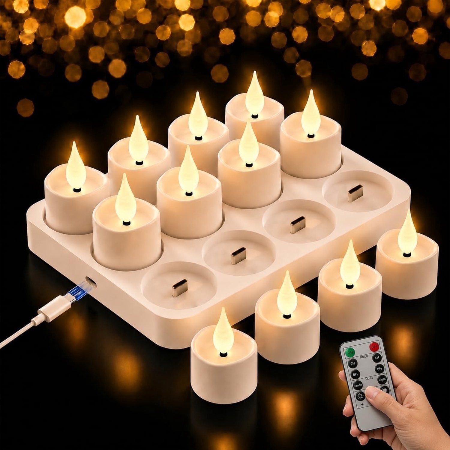 Oplaadbare LED-theelichtjes - Wit - Set van 12 - Vlamloos en Herbruikbaar - Voor Bruiloft, Feest en Kerstmis