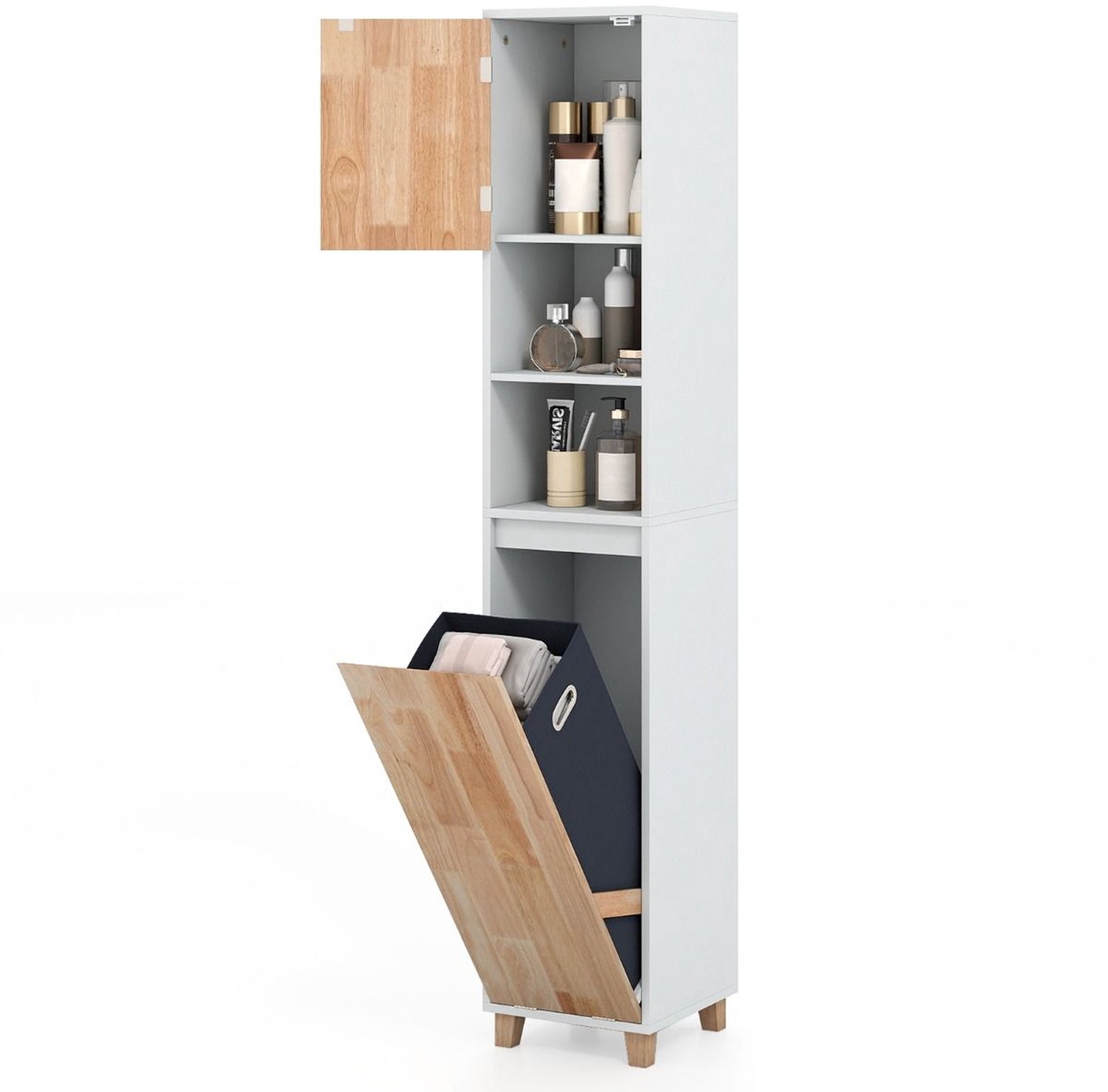 SureDeal® - Badkamerkast - Schuine Wasmandkast Hoge - Natuurlijke Houtsoort - 32x31x170,5 cm - Wit