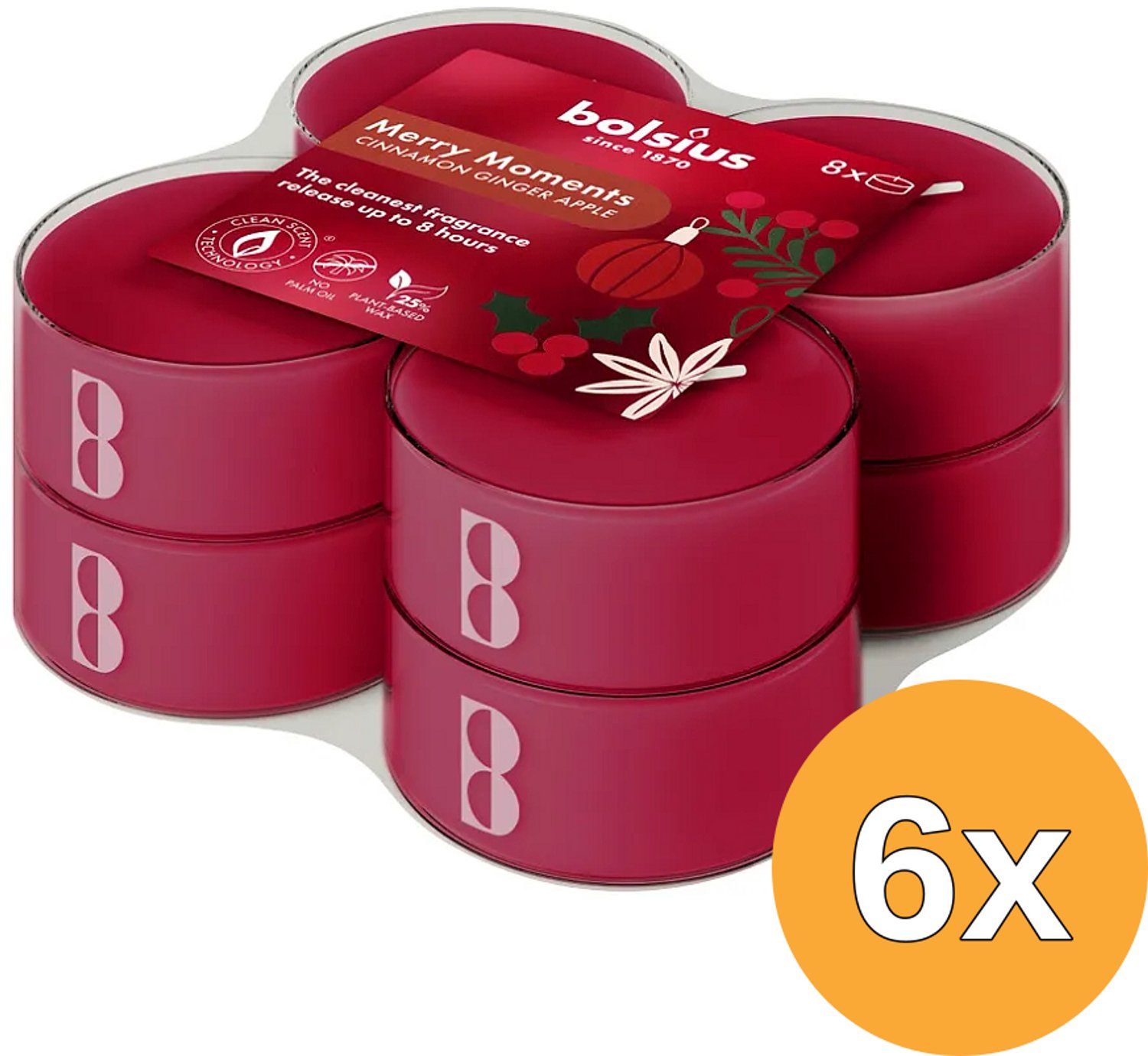6x Bolsius Maxilichten clear cup 8u True Glow Merry Moments (8 stuks)