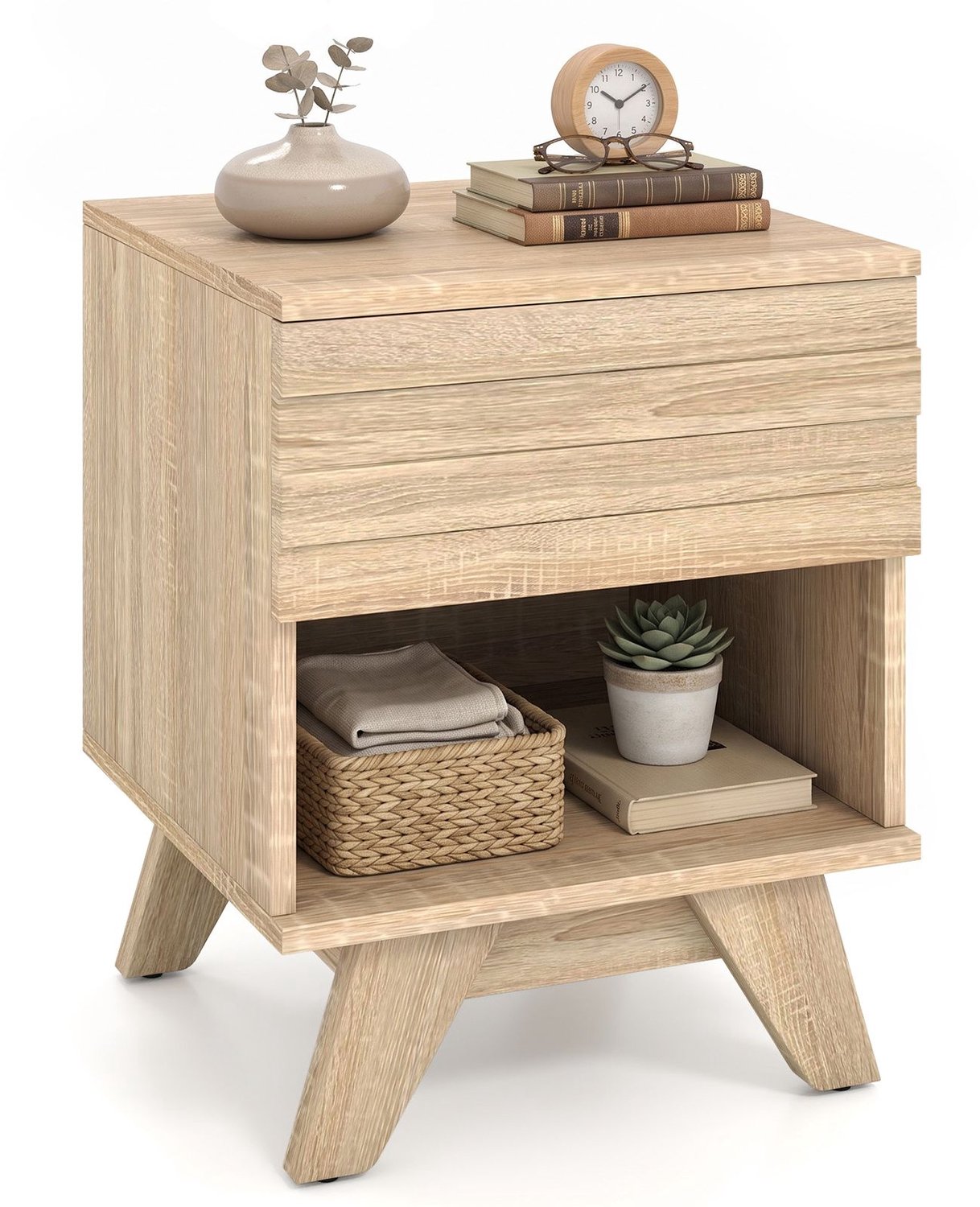 Suredeal Nachtkastje - Hout Kleine Bijzettafel - Lade Open vak - Woonkamer Slaapkamer Natuur - 40x39,6x50 cm - Natuur