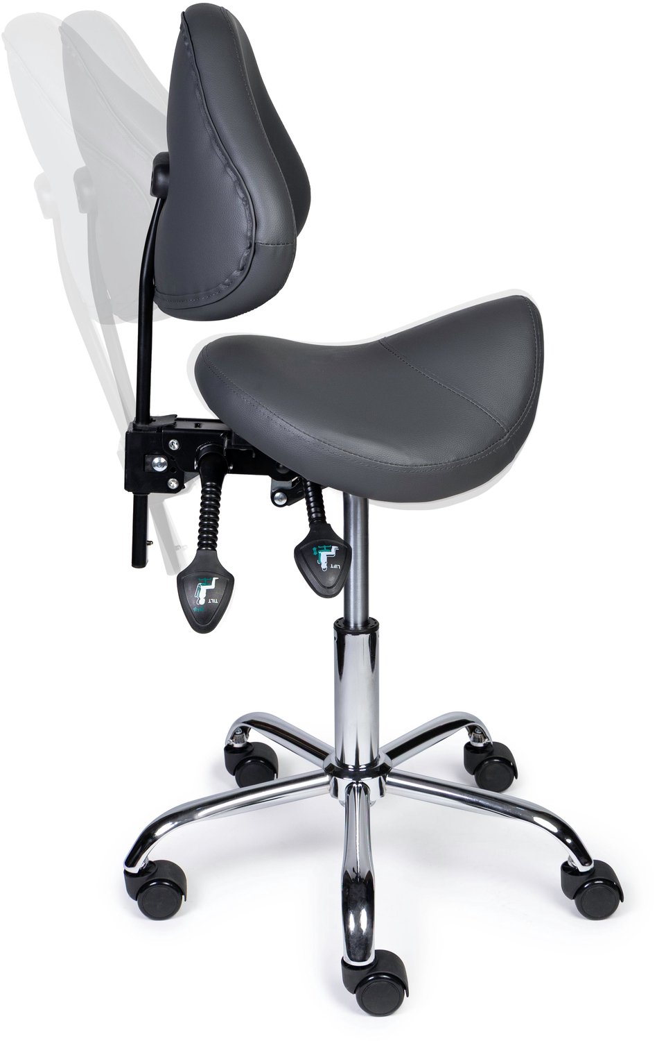 Ergonomische Zadelkruk met Rugleuning Expert Grijs op Wielen Lage uitvoering (45-58cm) / Zonder voetensteun / Standaard wielen