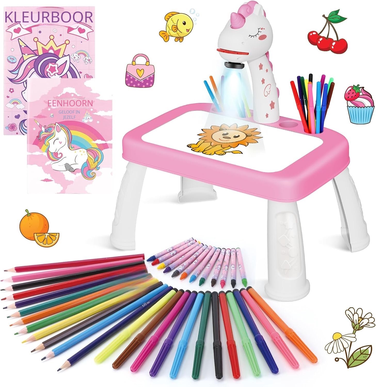 QEVA Tekenprojector Kinderen - Tekenprojector - Projectie Tekenbord - Roze - 10cm x 39cm x 33cm
