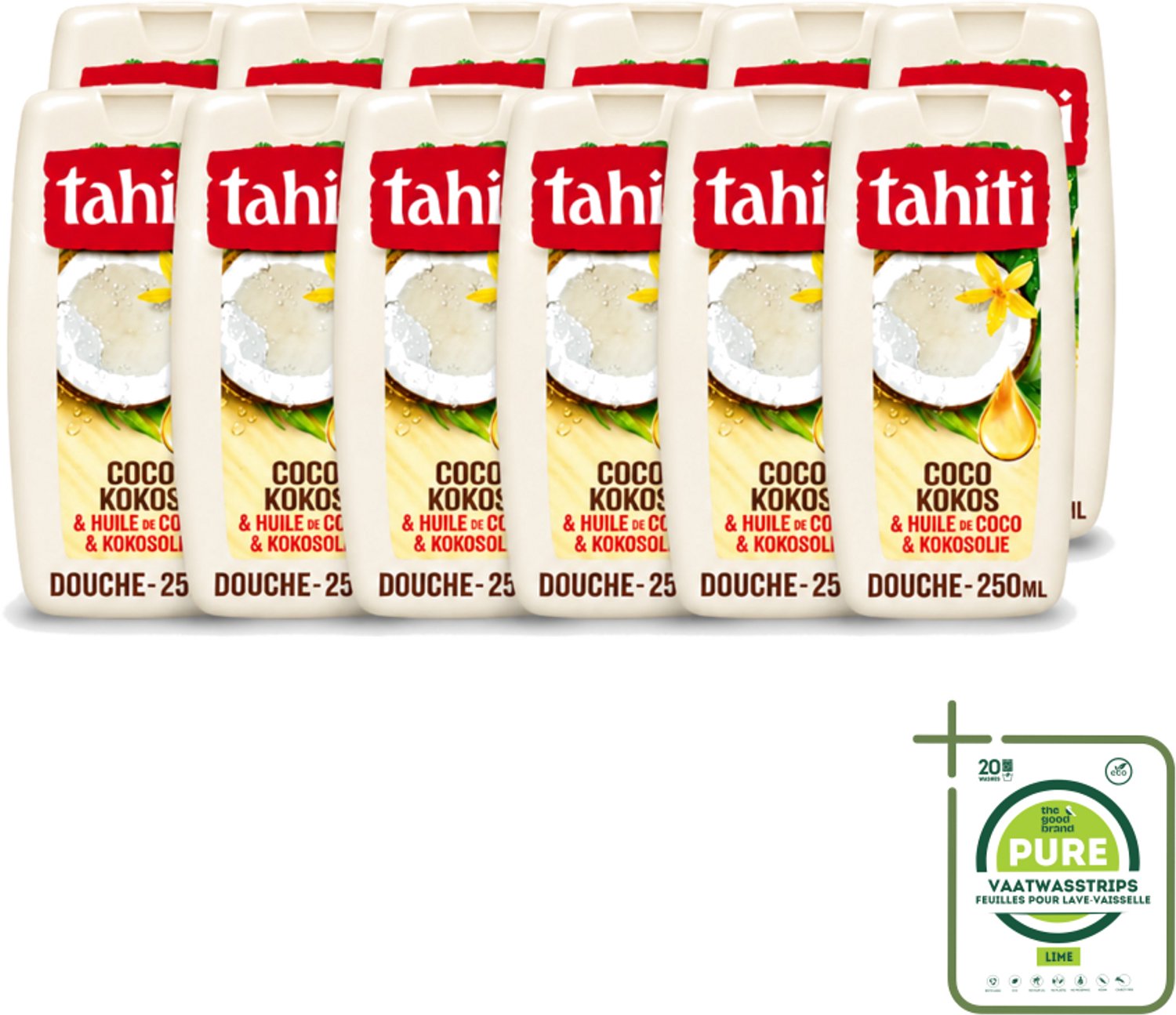 12 x Tahiti - Douchegel - Kokos & Kokosolie - Hydraterend - 250 ml - Grootverpakking - Vaatwasstrips - Douchegel Kokos - Kokosolie Douchegel - Hydraterende Douchegel - Kokos Geur - Douchegel Tropisch