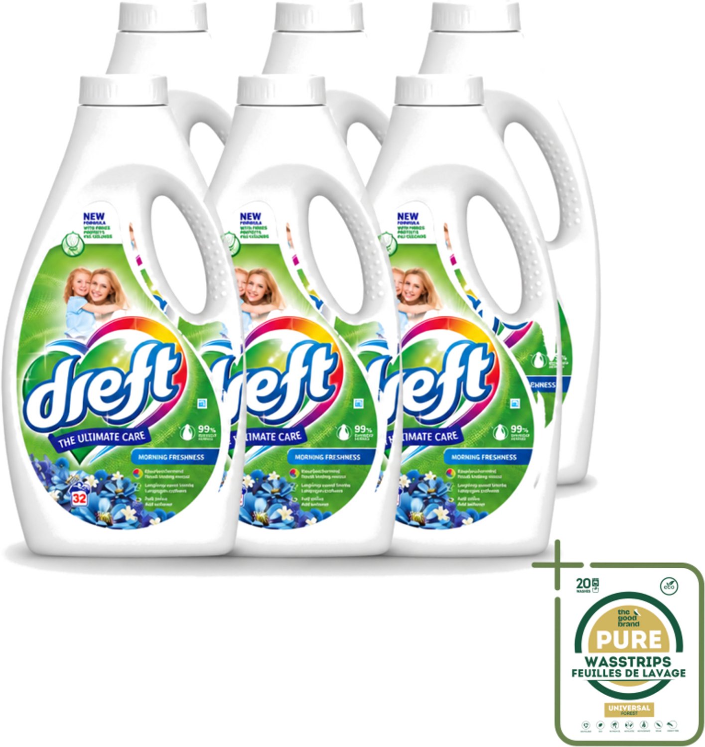 6 x Dreft - Ultimate Care - Vloeibaar Wasmiddel - Gekleurde Was - Ochtendfris - 32 Wasbeurten - Wasstrips - Gekleurde Was - Ochtendfris - Wasmiddel - Wasbeurt - Kleurbescherming