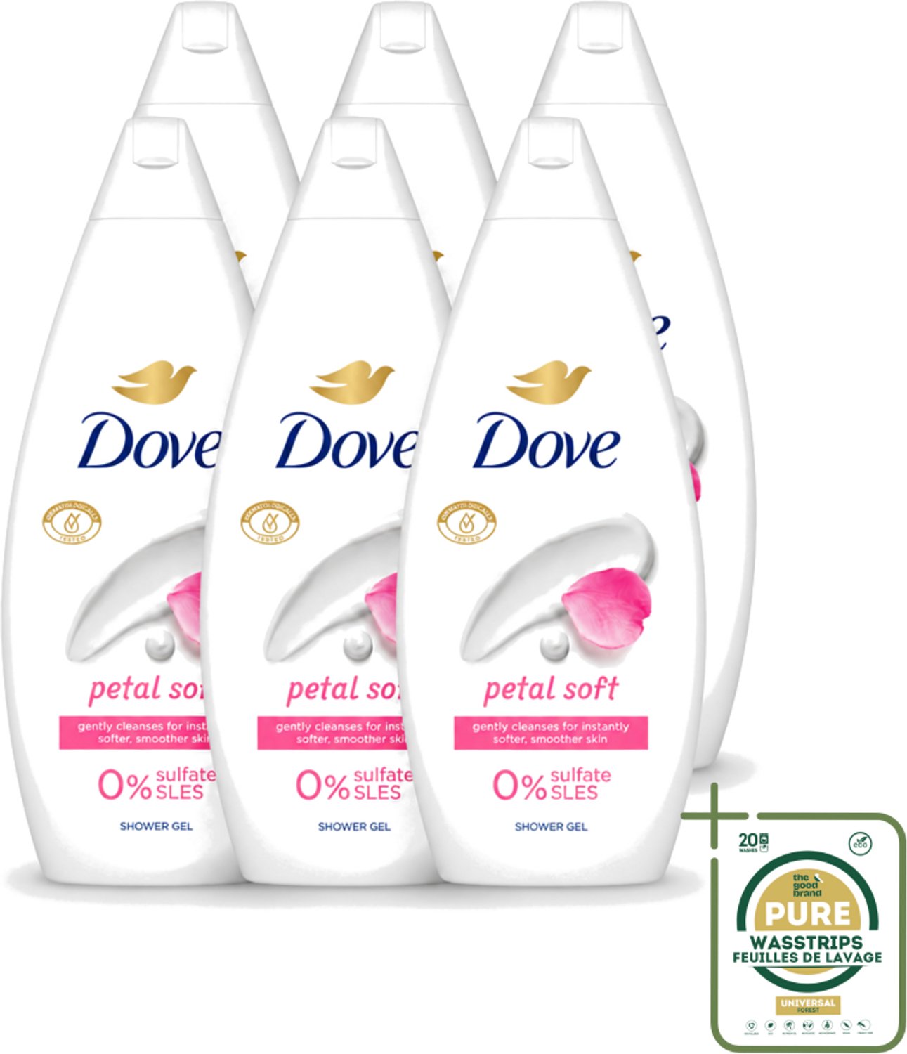 6 x Dove Petal Soft - Douchegel - Sulfaatvrij - 250 ml - Wasstrips - Douchegele - Zachte Reiniging - Hydratatie - Bloemige Geur - Sulfaatvrije