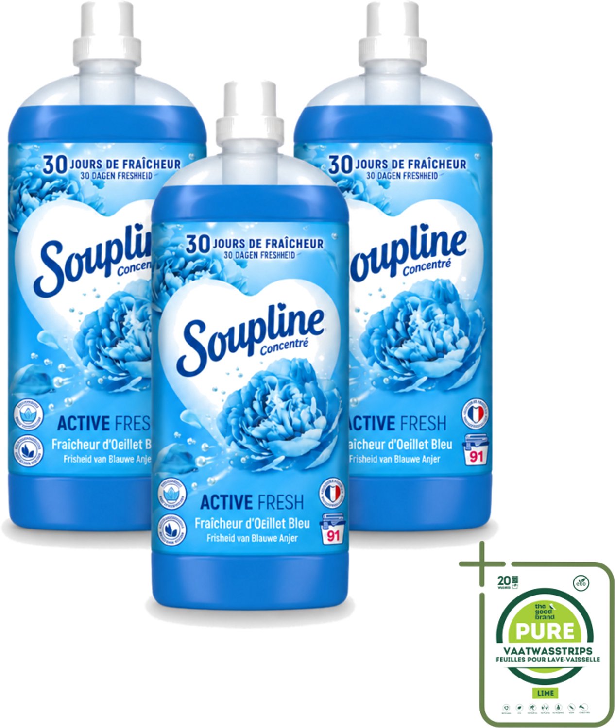 3 x Soupline – Wasverzachter – Active Fresh Frisheid van Blauwe Anjer – 2 L - Grootverpakking - Vaatwasstrips - Wasverzachter - Frisheid - Blauwe Anjer - Wasgoed - Kleding