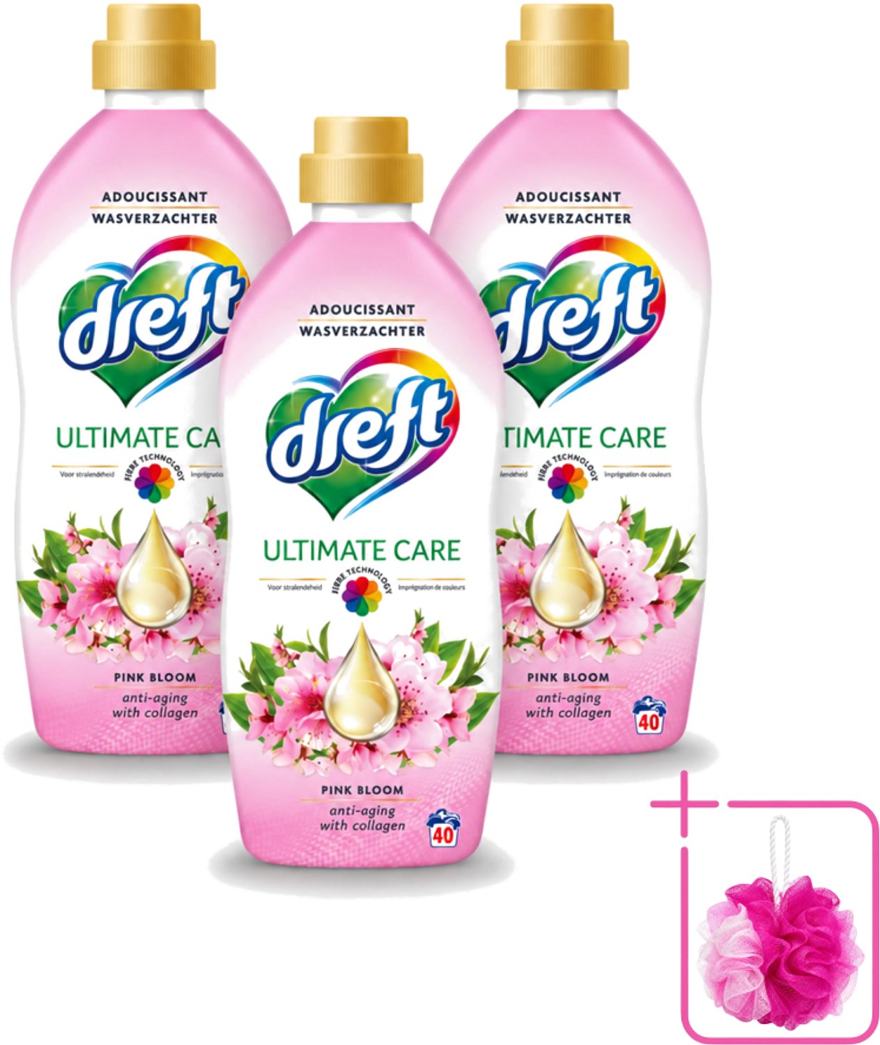 3 x Dreft - Ultimate Care - Wasverzachter - Roze Bloem - Anti-Veroudering - 40 Wasbeurten - Bulkverpakking - Wasverzachter - Douchemop - Anti-aging