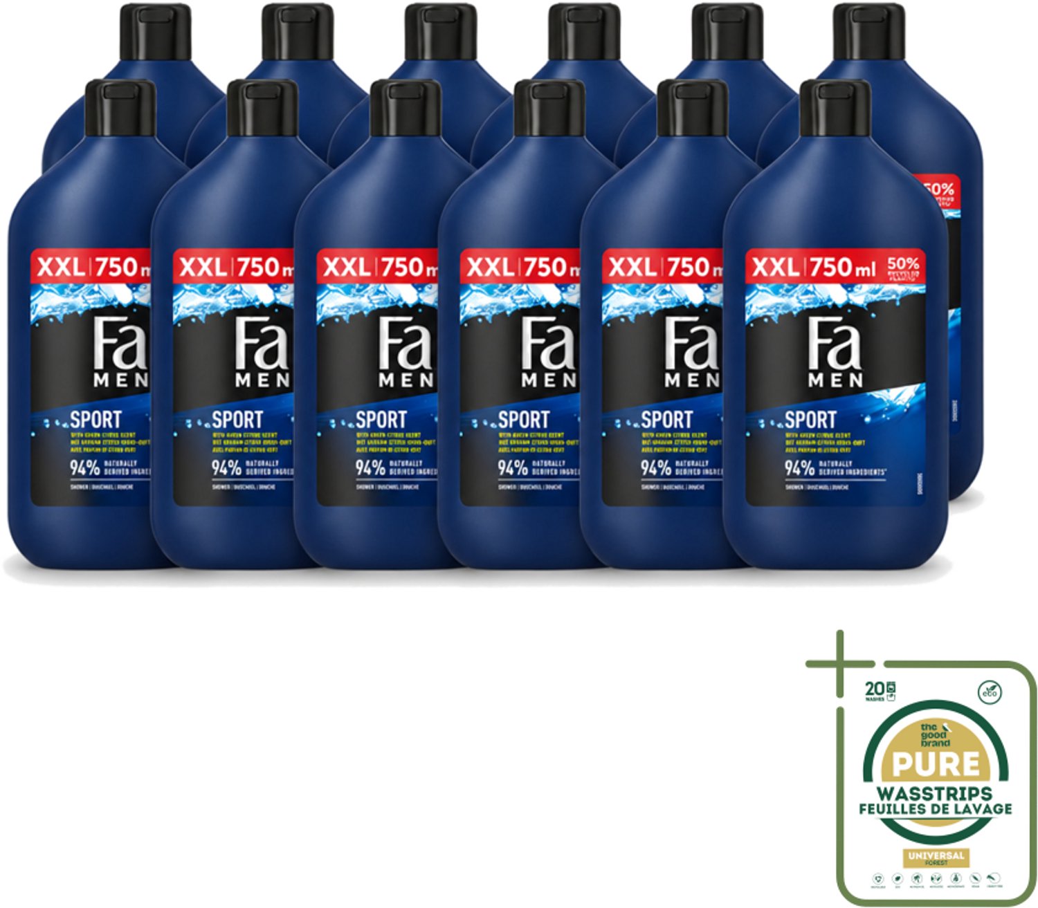 12 x Fa Men - Sport - Douchegel - Groene Citrus - 750 ml - Wasstrips - Douchegel Voor Mannen - Sport Douchegel - Groene Citrus Geur - Verfrissende Douchegel - Dagelijks Gebruik