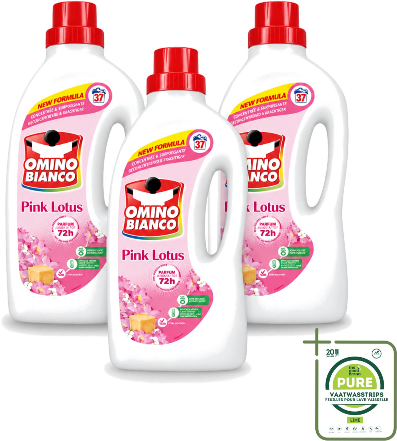 3 x Omino Bianco - Roze Lotus - Wasmiddel - Witte & Gekleurde Was - 37 Wasbeurten - Grootverpakking - Vaatwasstrips - Wasmiddel - Wasgeur - Reiniging - Kleurbehoud - Vlekverwijdering