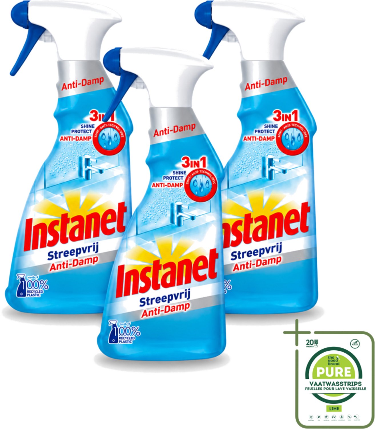 3 x Instanet - Schoonmaakspray - Anti-Damp - Streepvrij - 3in1 - 500 ml - Grootverpakking - Vaatwasstrips - Schoonmaak Spray - Anti-damp - Streepvrij - Ramen Reinigen - Glanzend Resultaat