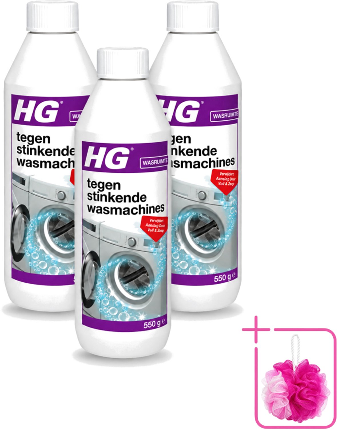 3 x HG - Tegen Stinkende Was - Verwijdert Aanslag Door Vuil & Zeep - 550 g - Bulkverpakking - Wasmachine reiniger - Douchemop - Stinkende wasmachine