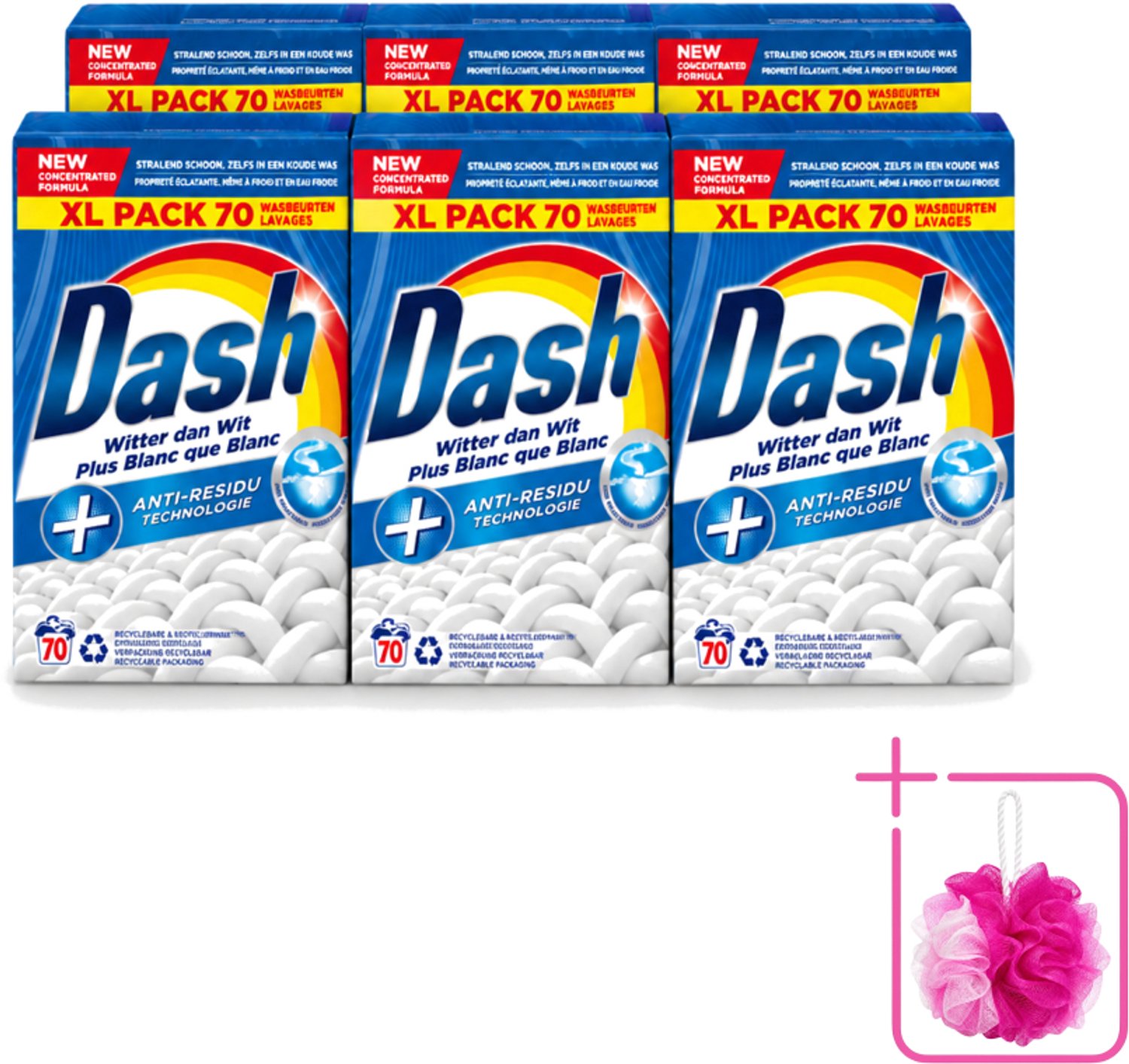 6 x Dash - Witter dan Wit - Snel Oplossend Waspoeder - Witte Was - 70 Wasbeurten - Bulkverpakking - Waspoeder - Douchemop - Witte was