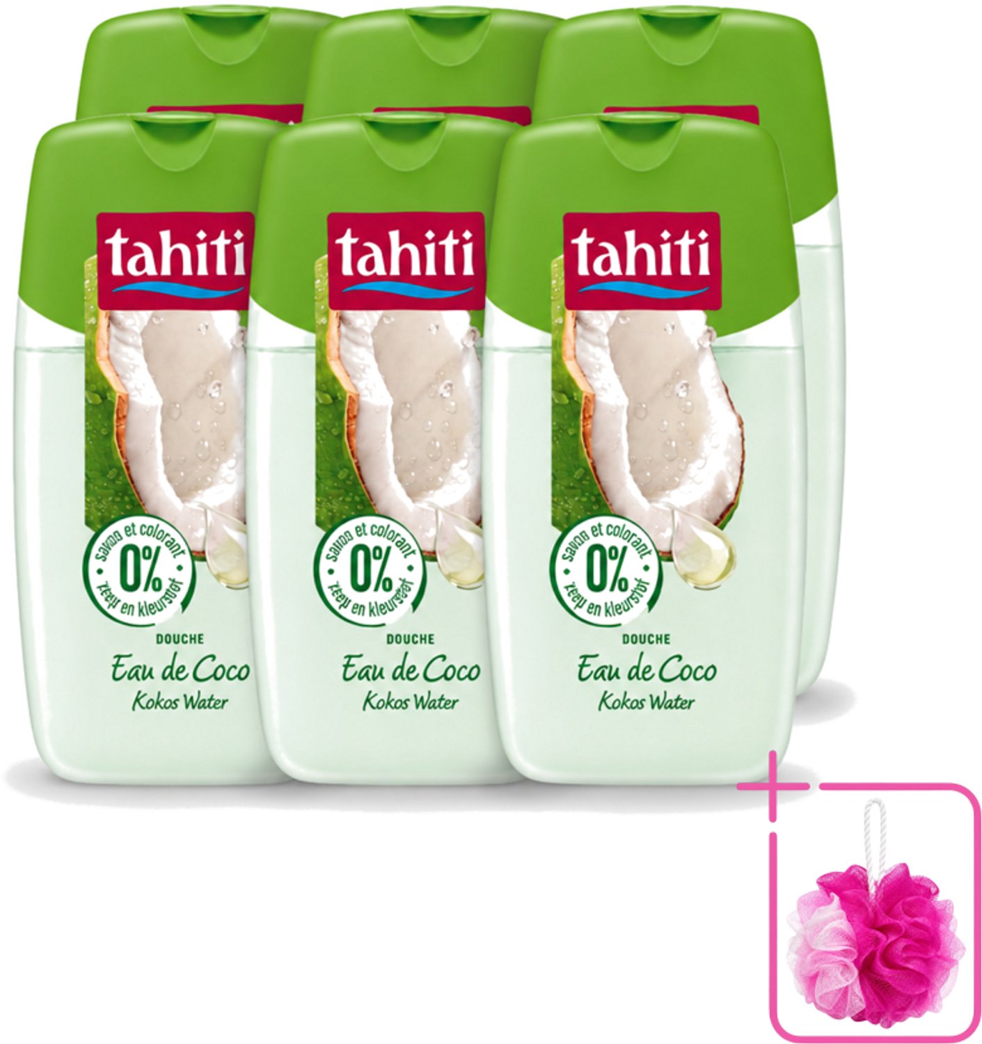 6 x Tahiti - Douchegel - Kokos Water - 0% Kleurstof - 250 ml - Bulkverpakking - Douchegel kokos water - Douchemop - Kokos water douchegel