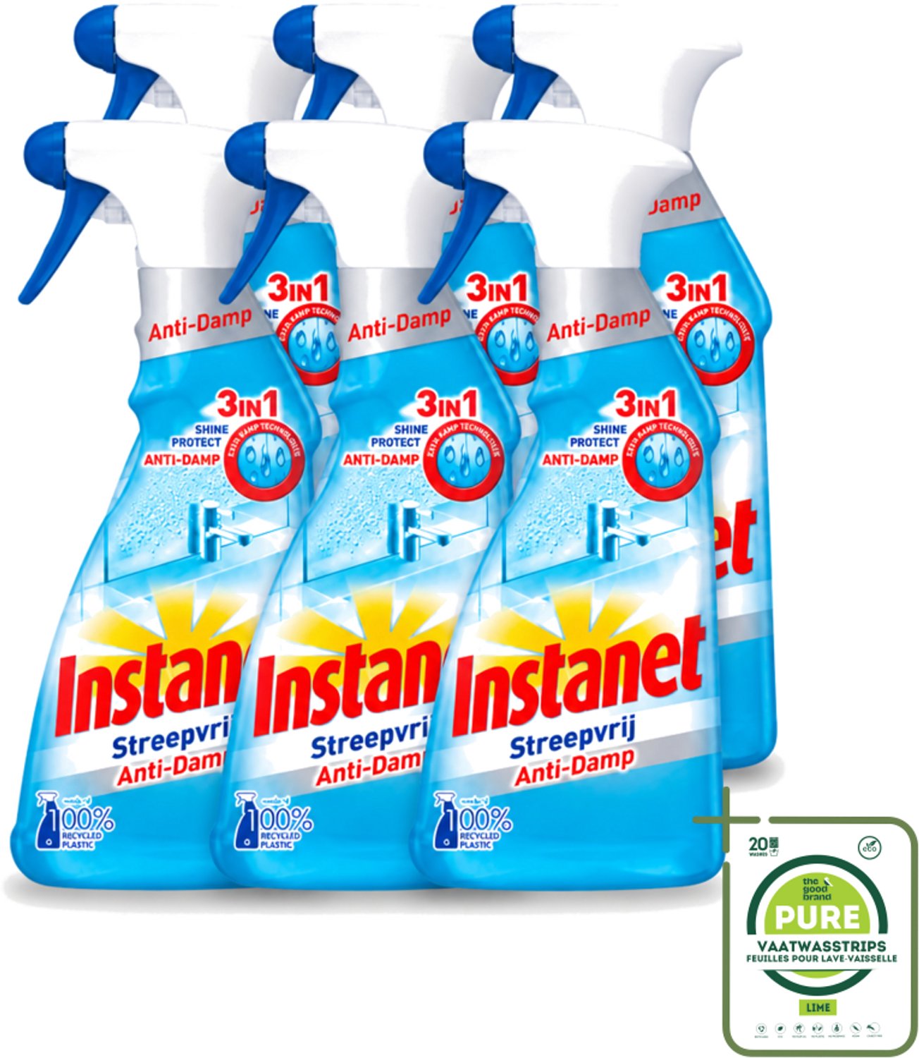 6 x Instanet - Schoonmaakspray - Anti-Damp - Streepvrij - 3in1 - 500 ml - Grootverpakking - Vaatwasstrips - Schoonmaak Spray - Anti-damp - Streepvrij - Ramen Reinigen - Glanzend Resultaat