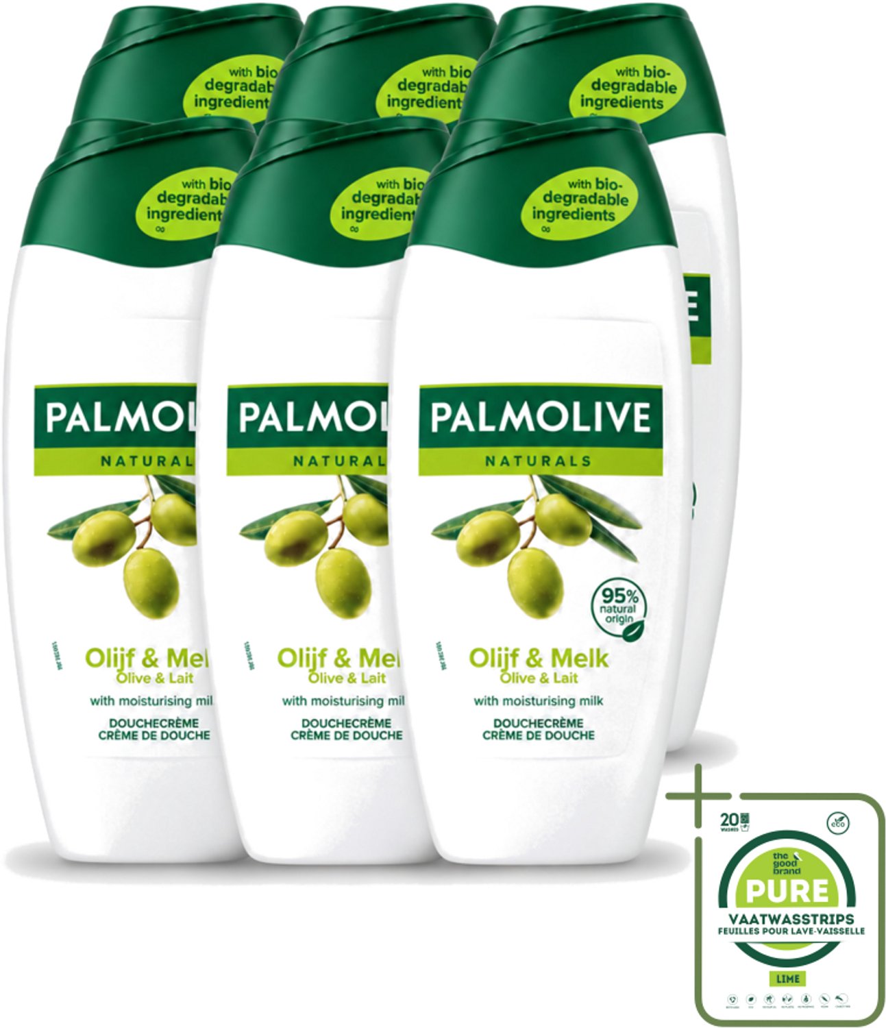 6 x Palmolive - Naturals - Douchecréme - Olijf & Melk - Natuurlijke ingrediënten - 250 ml - Grootverpakking - Vaatwasstrips - Douchecrème - Olijf En Melk - Natuurlijke Ingrediënten - Hydratatie - Huid Verzorging