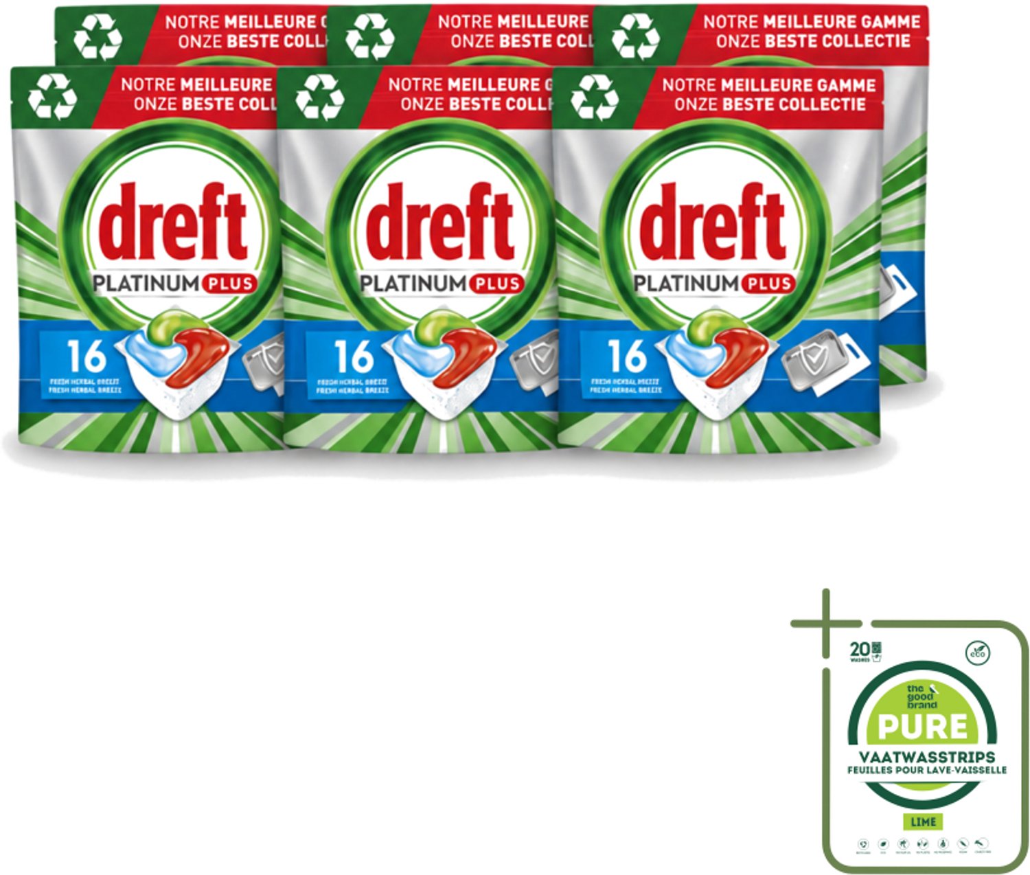 6 x Dreft Platinum Plus - All In One - Vaatwascapsules - Fresh Herbal Breeze - 16 Afwasbeurten - Grootverpakking - Vaatwassen - Vaatwassen Capsule - Vaatwassen Kruidgeur - Vaatwassen Glans - Vaatwassen Eco