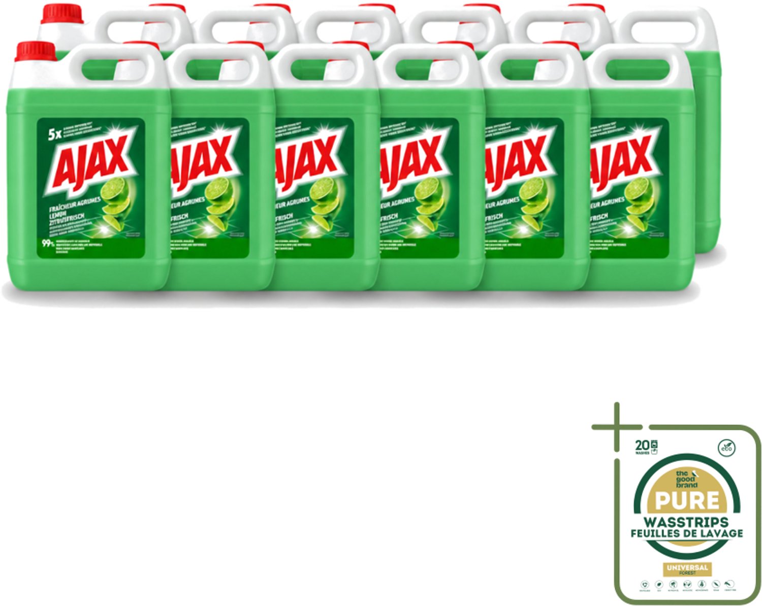 12 x Ajax – Allesreiniger – Limoen – 5000 ml - Wasstrips - Allesreiniger Limoen - Krachtige Reiniger - Vet Verwijderen - Frisse Geur - Biologisch Afbreekbaar