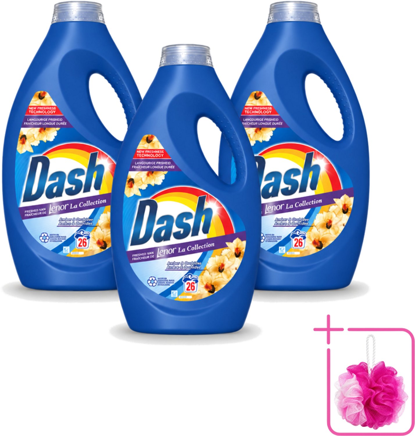 3 x Dash - Lenor Collectie - Vloeibaar Wasmiddel - Witte en Gekleurde Was - Amber & Orchidee - 26 Wasbeurten - Bulkverpakking - Vloeibaar wasmiddel - Douchemop - Frisheid