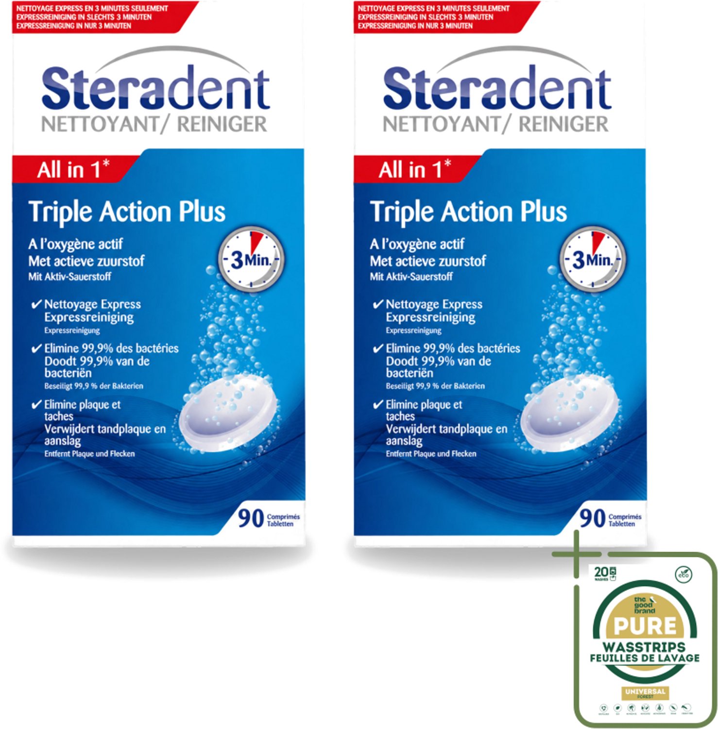 2 x Steradent - Kunstgebitreiniger - Tegen Tandplak En Aanslag - 90 Tabletten - Wasstrips - Kunstgebit Reinigen - Tandplak Verwijderen - Aanslag Verwijderen - Kunstgebit Reiniger - Kunstgebit Hygiëne