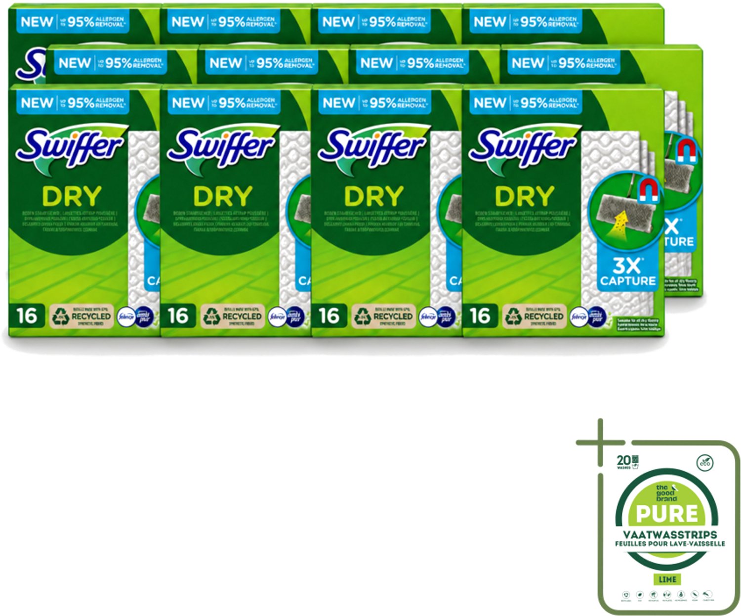 12 x Swiffer – Vloerdoekjes – Dry Navullingen – 16 doekjes - Grootverpakking - Vaatwasstrips - Vloerreiniger - Droge Doekjes - Stofzuiger - Haren Verwijderen - Vloer Reinigen